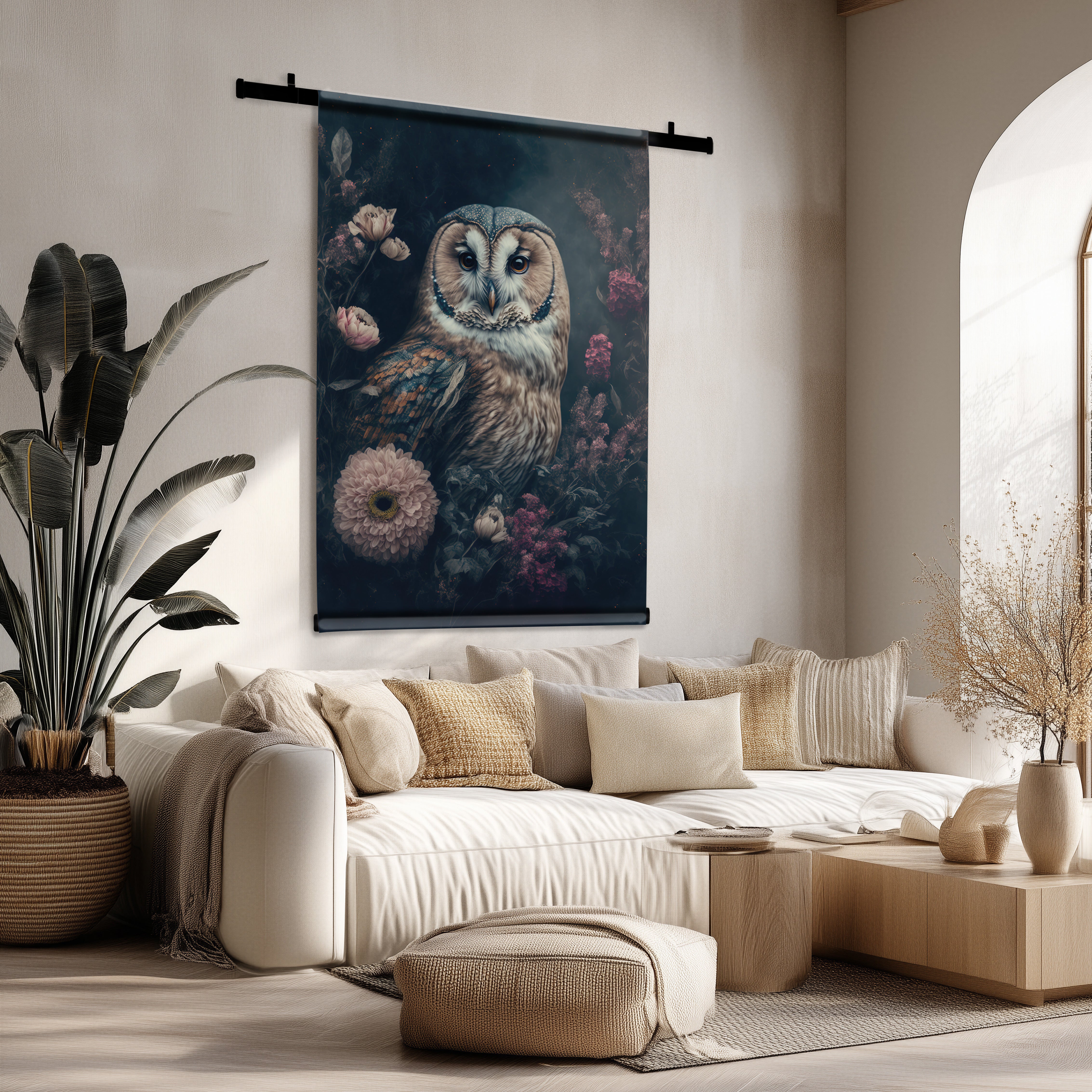 Luxe velours wandkleed met gedetailleerde uil in donkere bloementuin, hangend boven een beige bank.