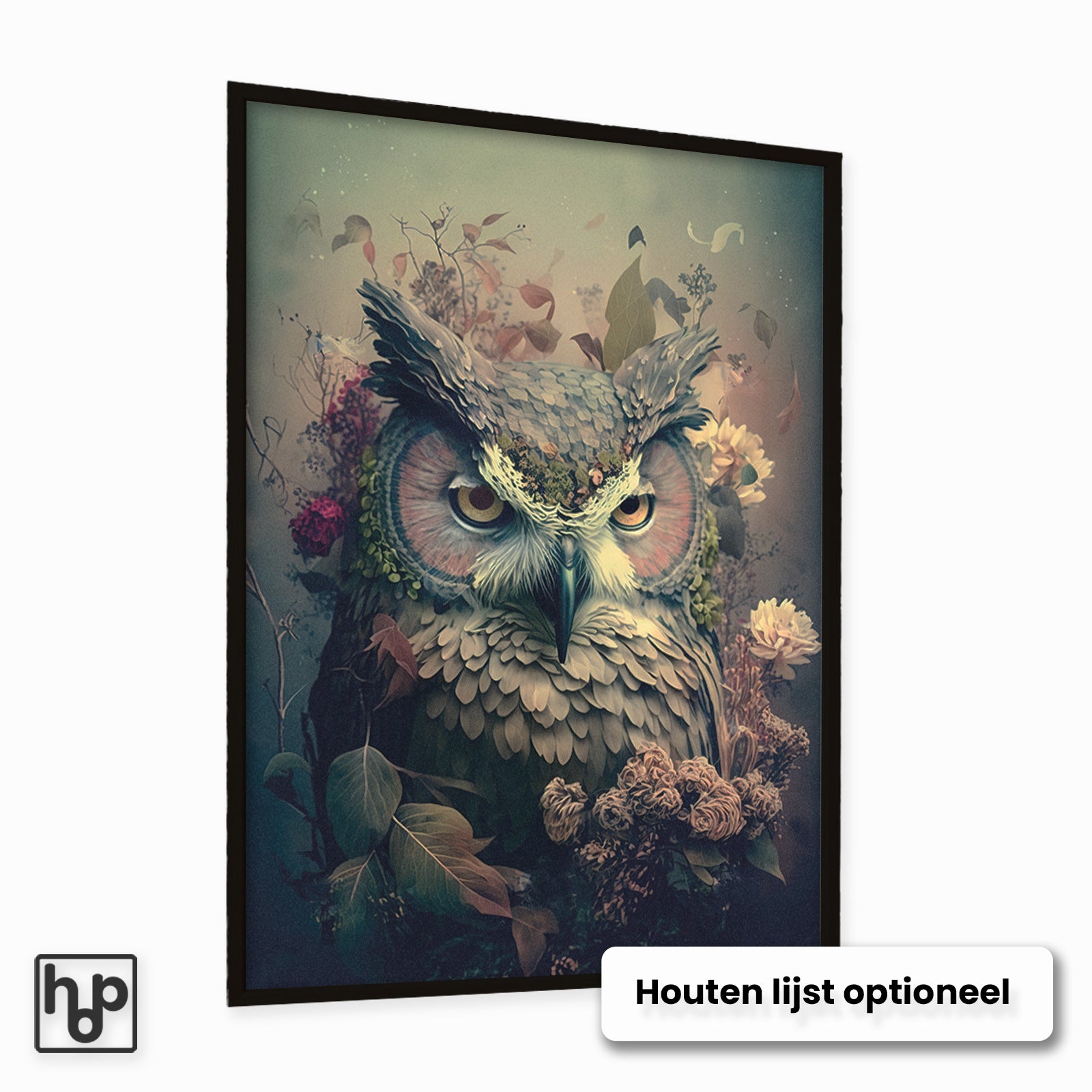 Botanische uil poster met sierlijke bloemen in zachte, vintage kleuren, in een zwarte lijst.