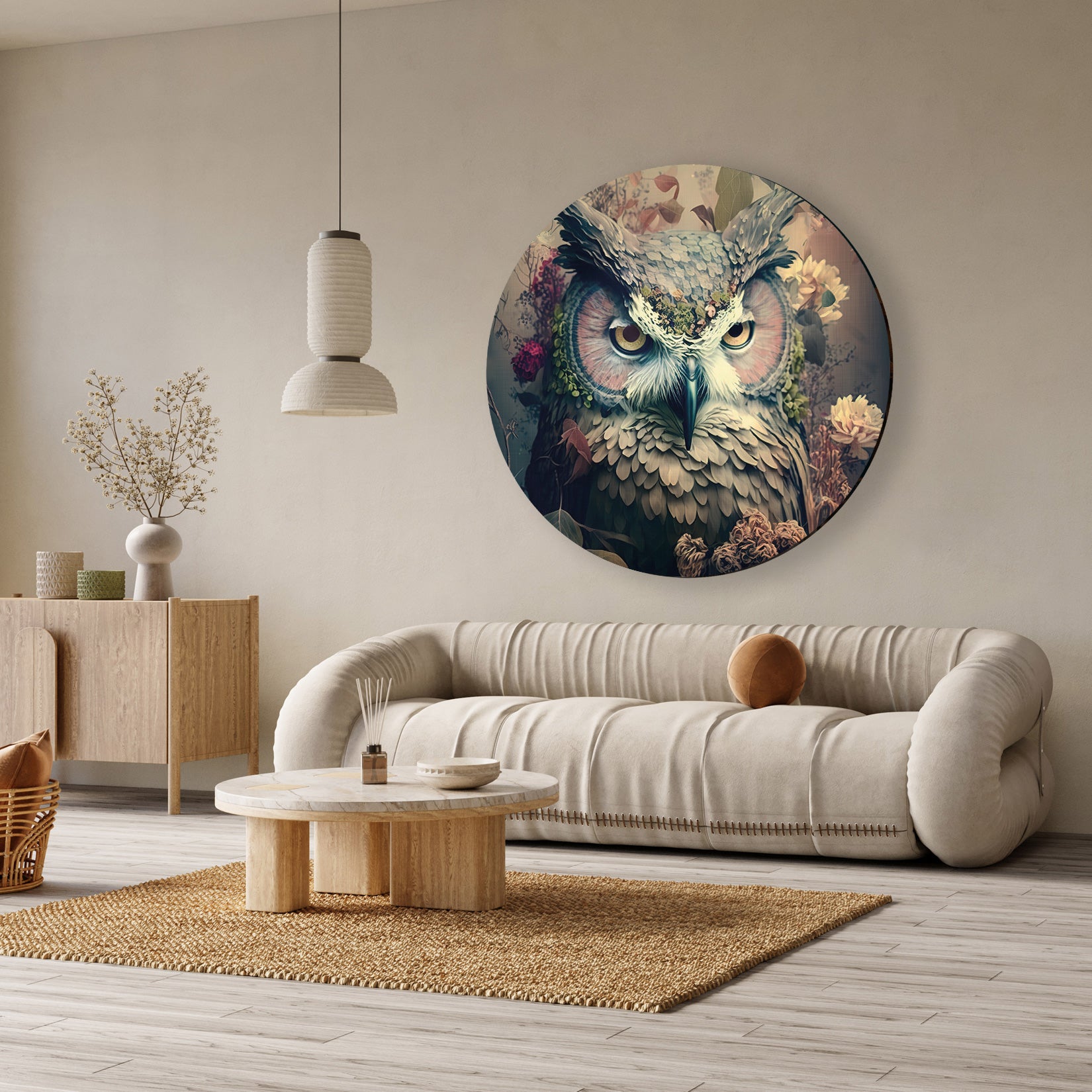 Ronde aluminium dibond muurcirkel met wijze uil en bloemen, boven een beige bank in een moderne woonkamer.