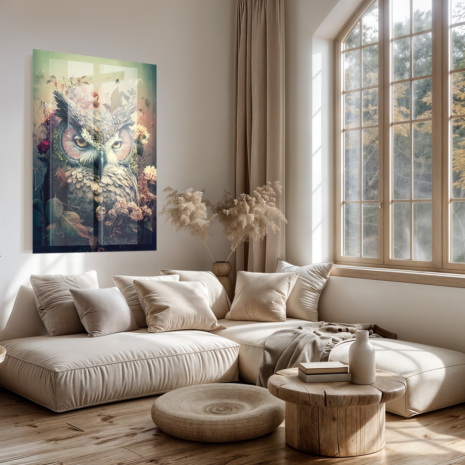 Plexiglas schilderij Uil 3 boven een lichte bank in een woonkamer.