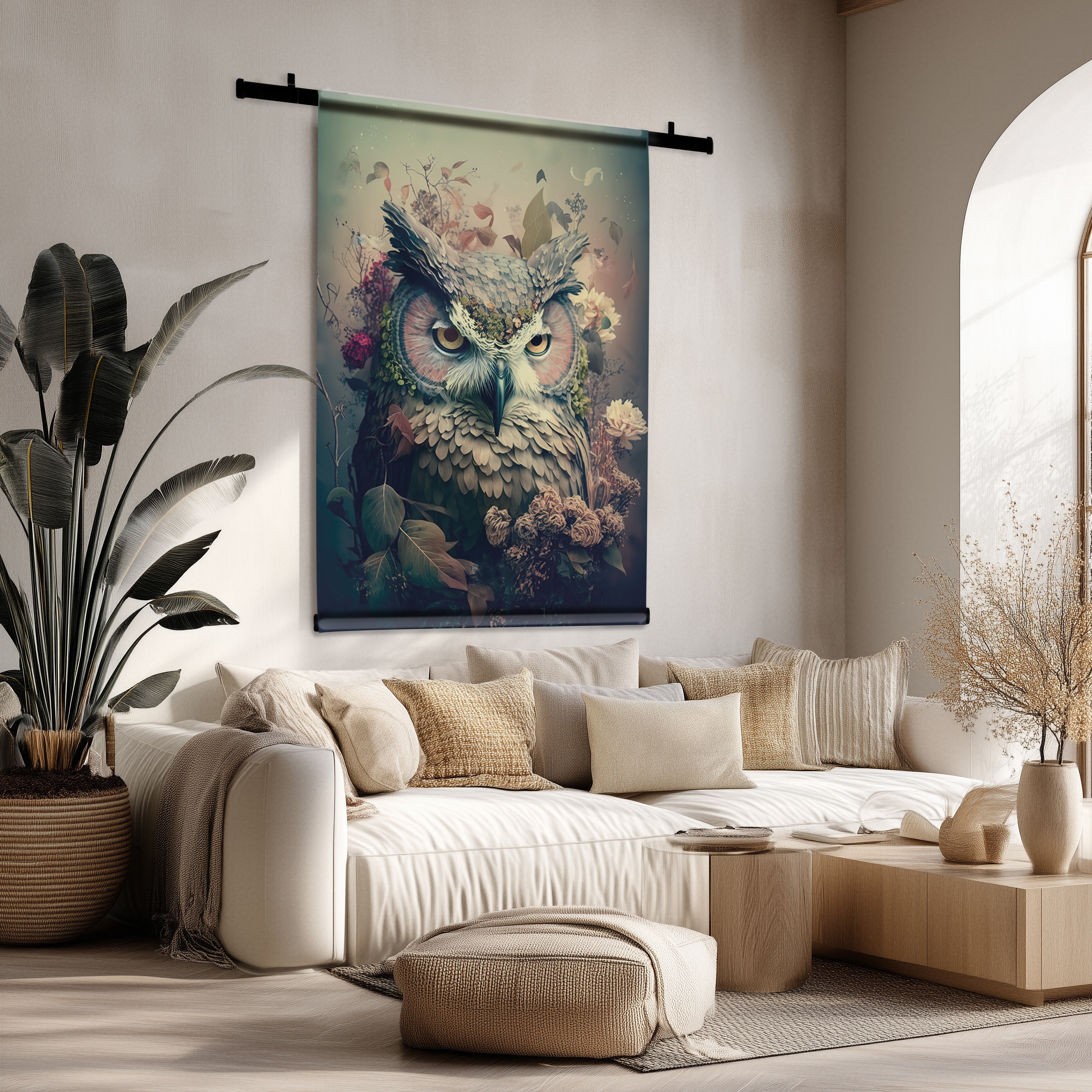 Gedetailleerd wandkleed met uil en bloemen, hangend boven een beige bank in een lichte woonkamer.