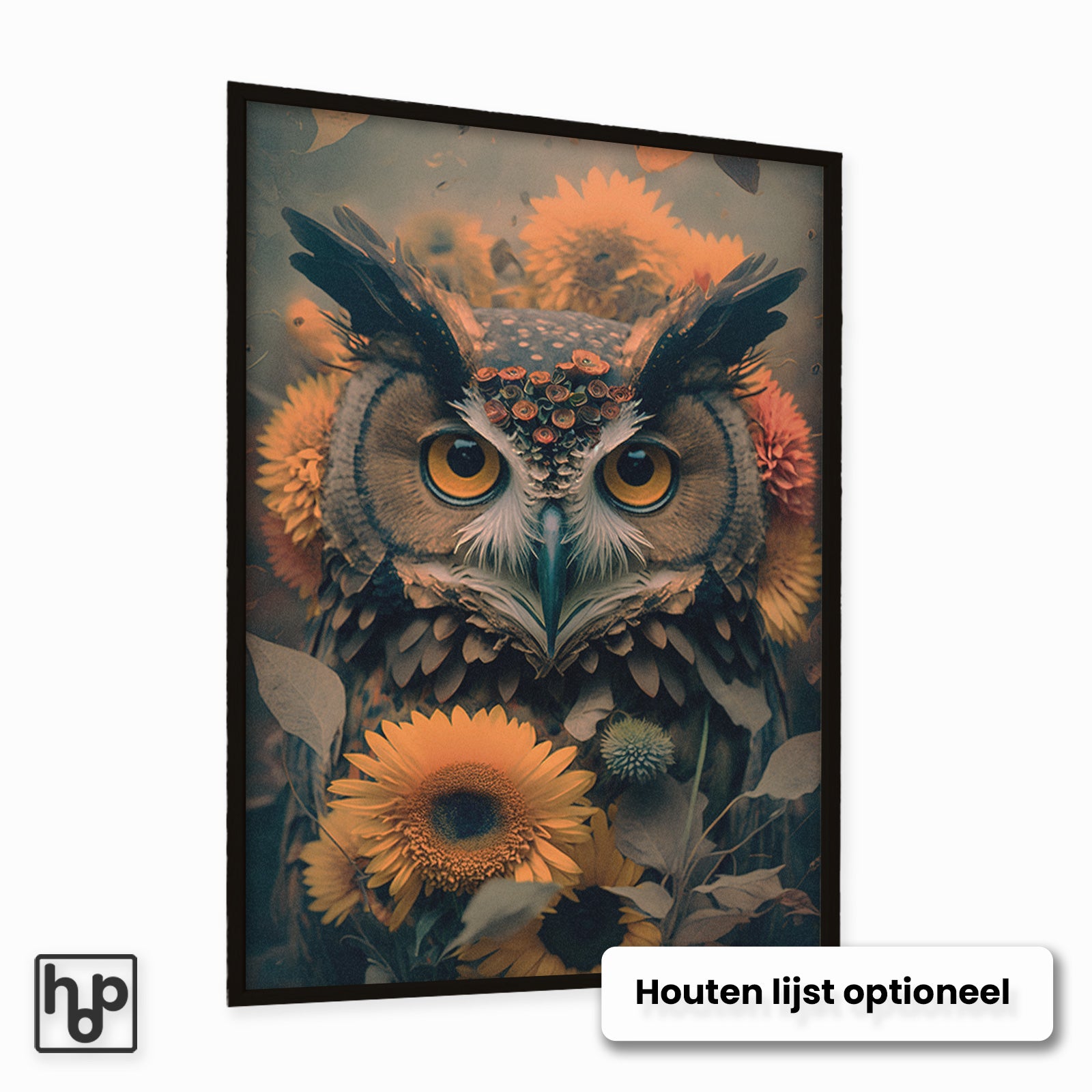 Aluminium Dibond schilderij Uil 4 met een optionele zwarte houten lijst.