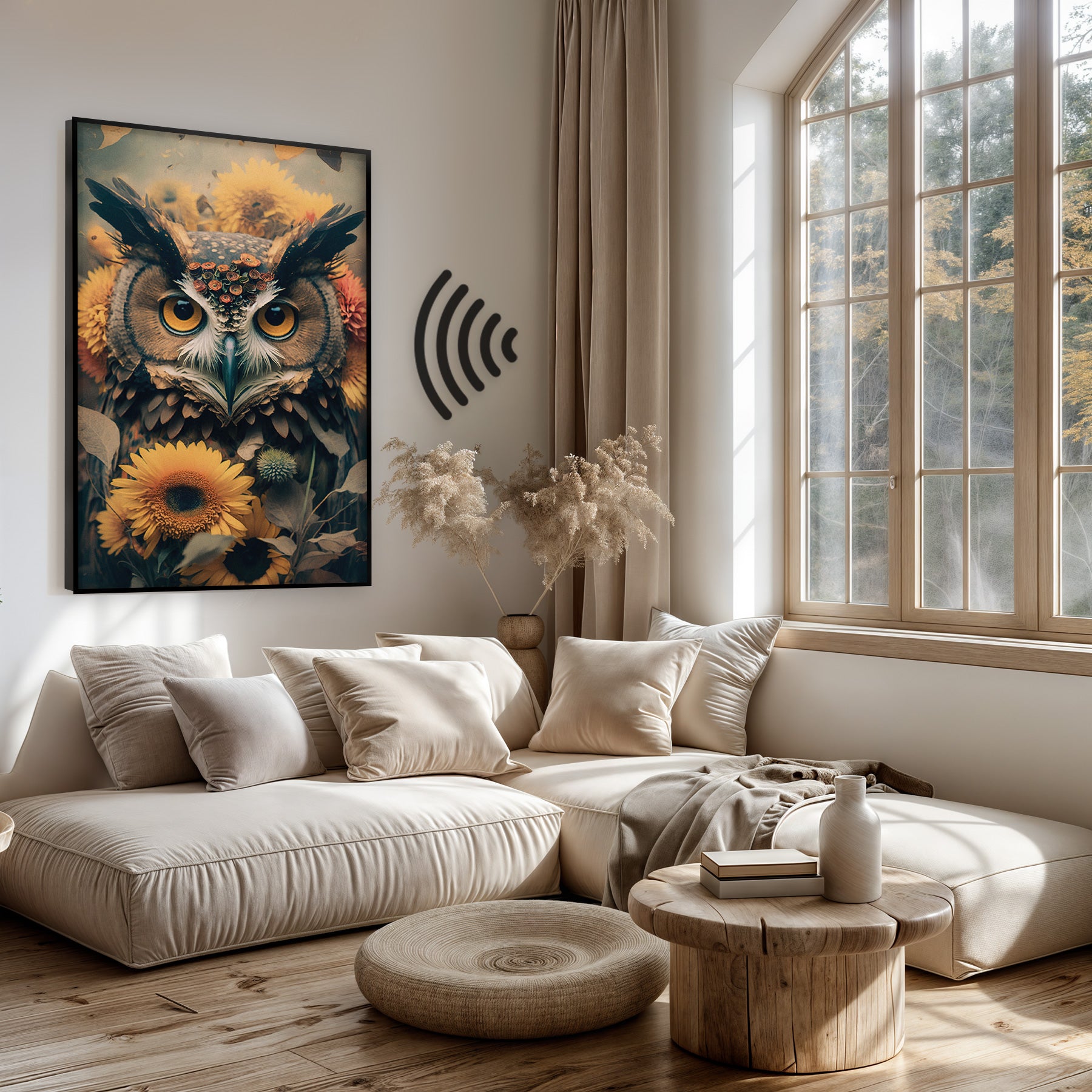 Akoestisch paneel Uil 4 boven een lichte bank in een woonkamer.