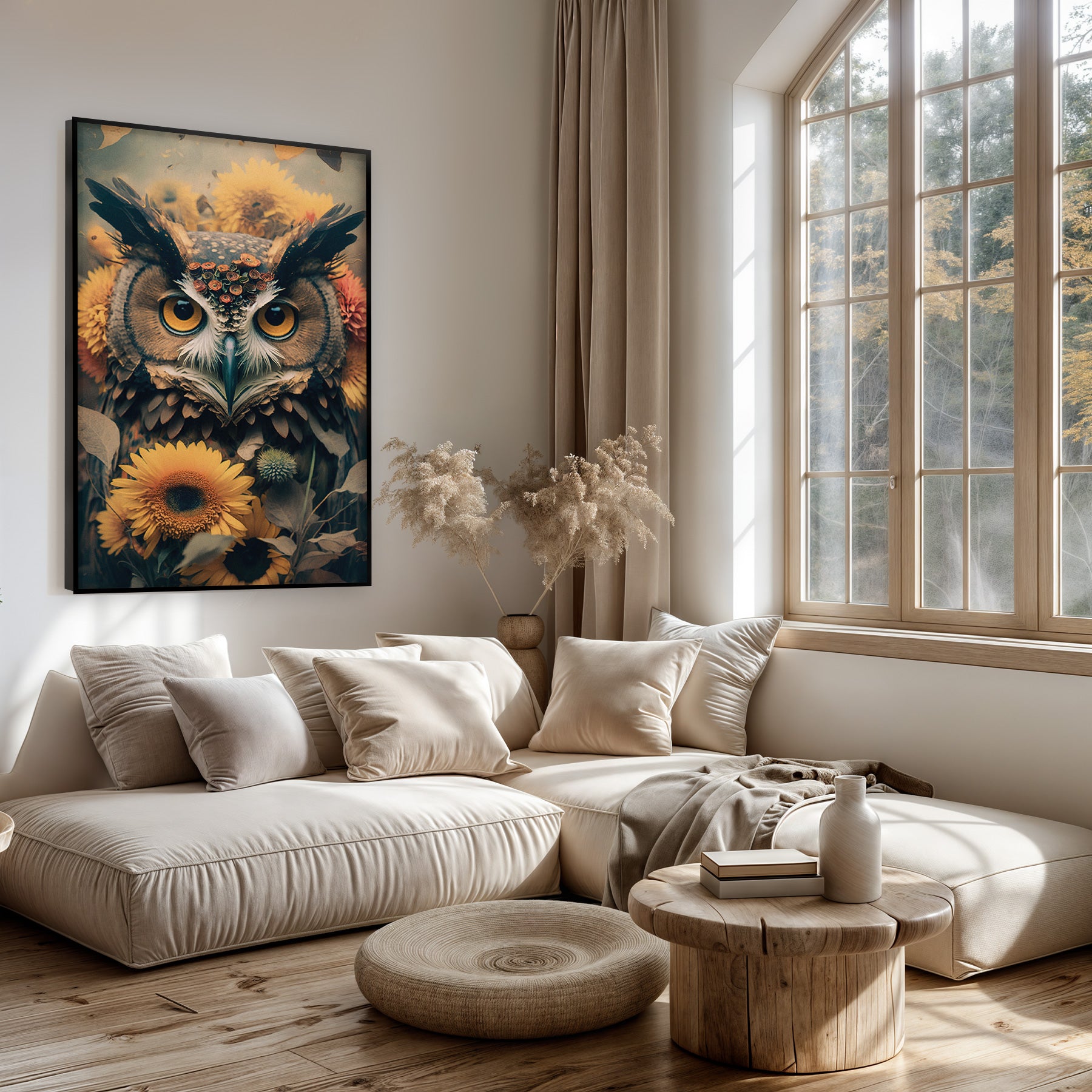 Artframe Uil 4 boven een lichte bank in een woonkamer.