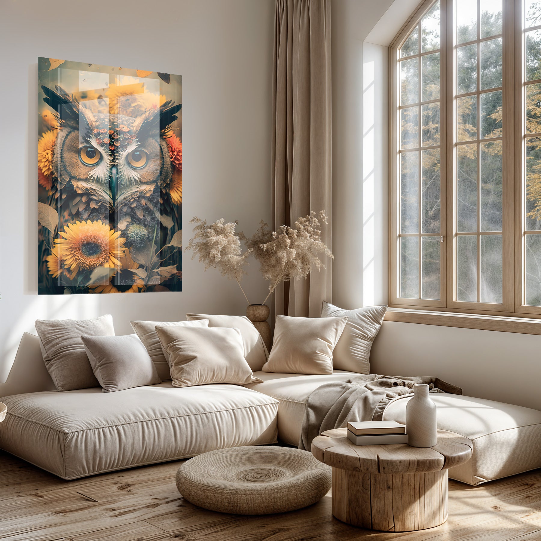 Plexiglas schilderij Uil 4 boven een lichte bank in een woonkamer.