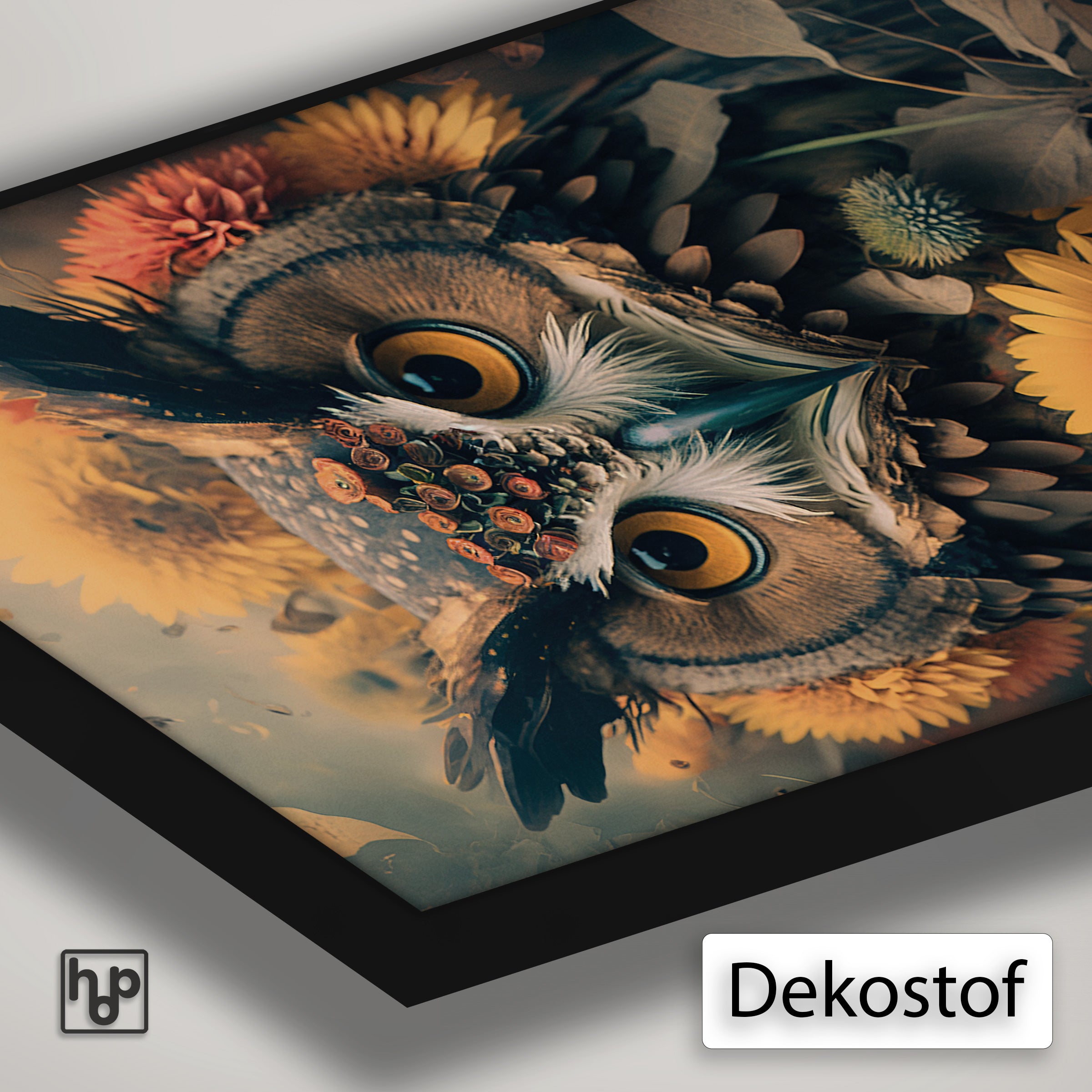 Detail van Artframe Uil 4 met dekostof en een zwart aluminium frame.