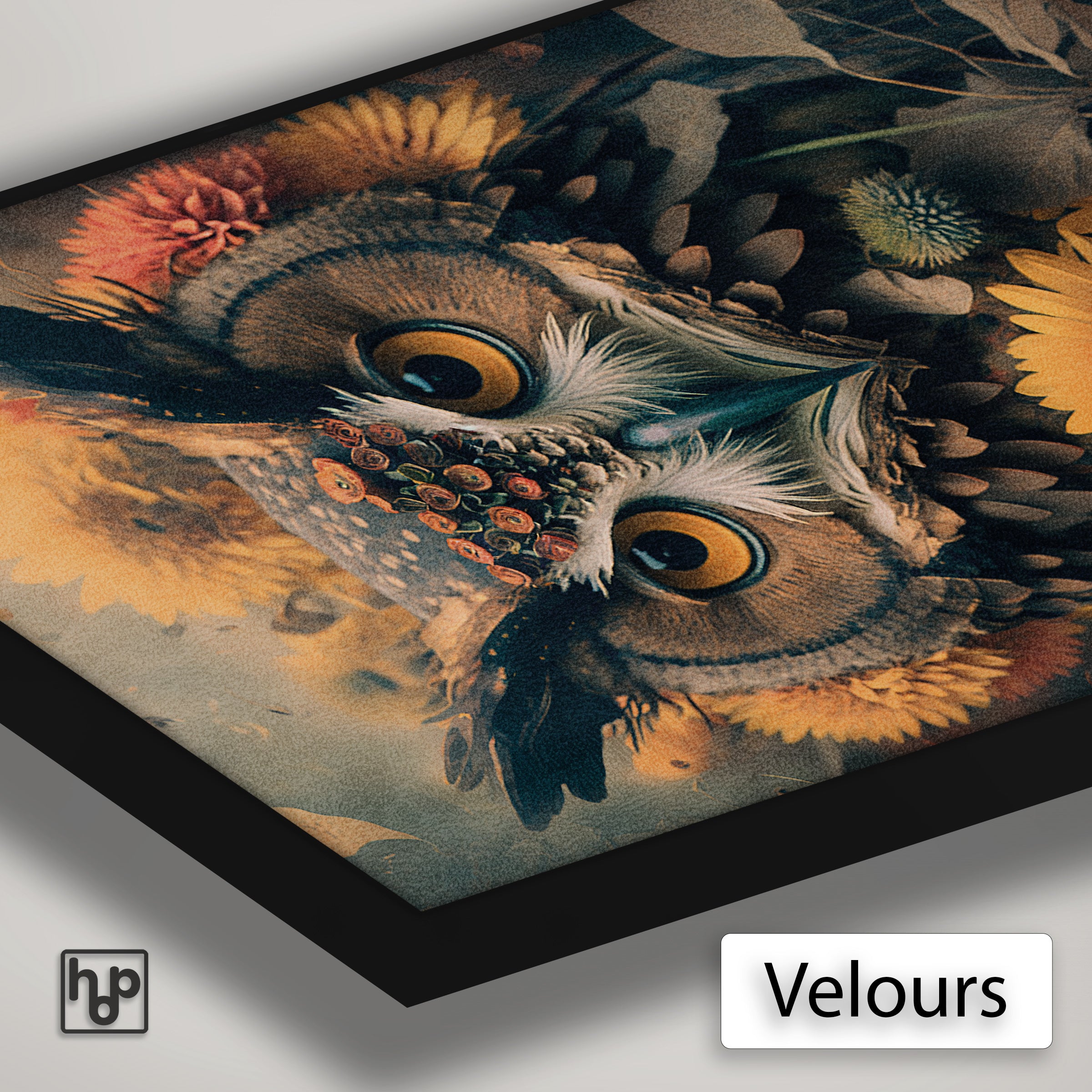 Detail van Artframe Uil 4 met velours doek en een zwart aluminium frame.
