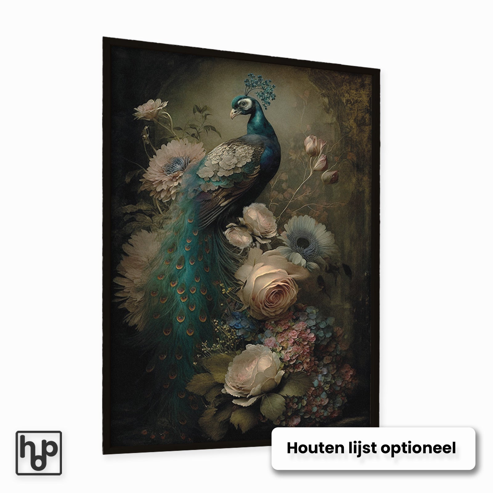 Staande poster van een kleurrijke pauw met weelderige bloemen in vintage jungle stijl.