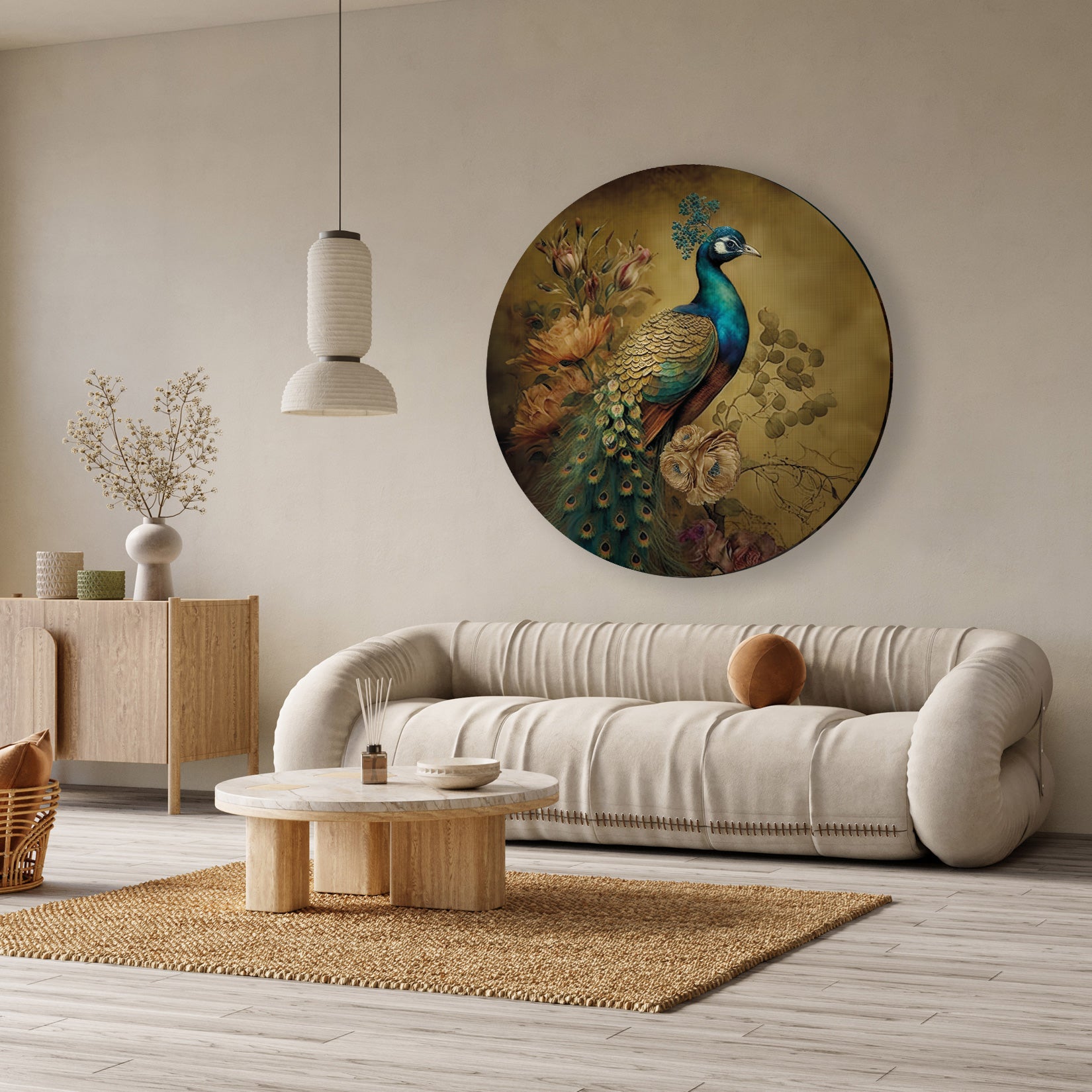 Ronde aluminium dibond muurcirkel met elegante pauw en bloemen in natuurlijke kleuren, boven een beige bank.