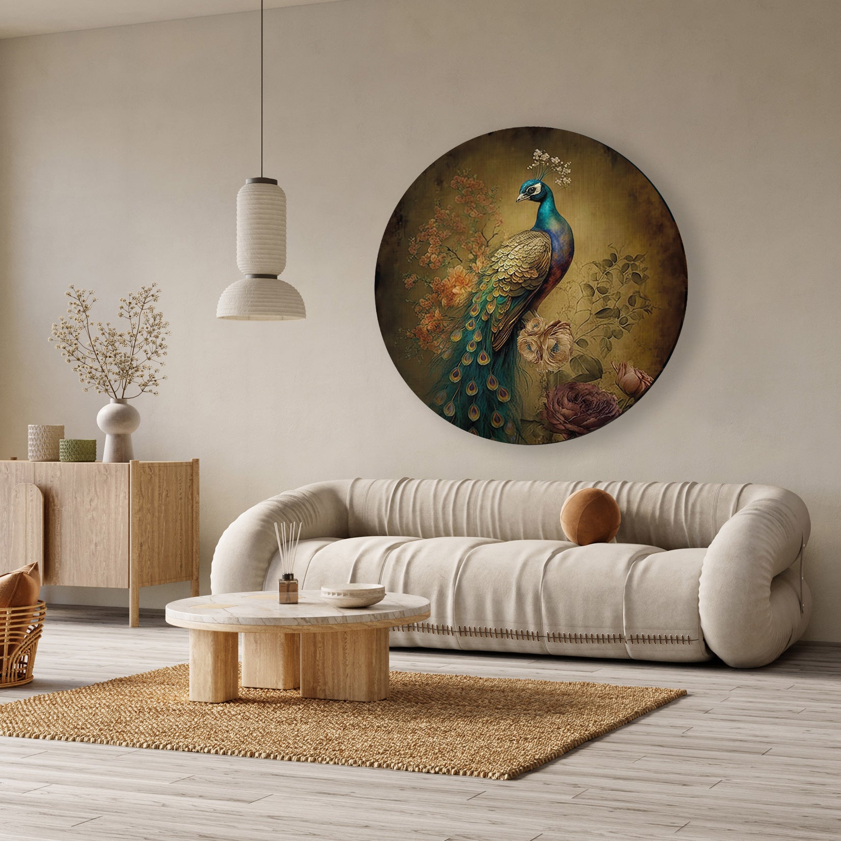 Ronde Pauw 6 · Muurcirkel van aluminium dibond met elegante pauw en bloemen op rustieke achtergrond.