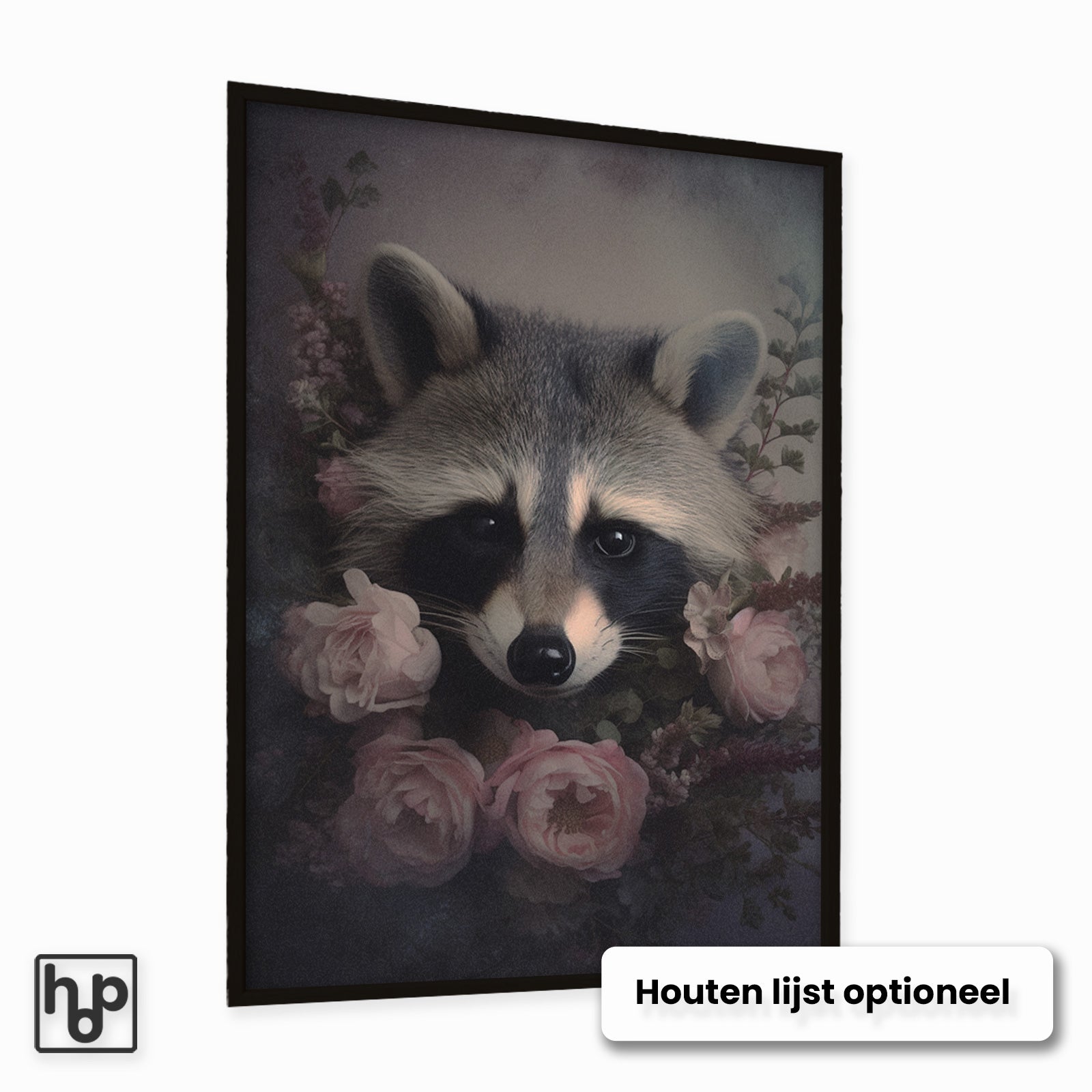 Aluminium Dibond schilderij Wasbeer met een optionele zwarte houten lijst.