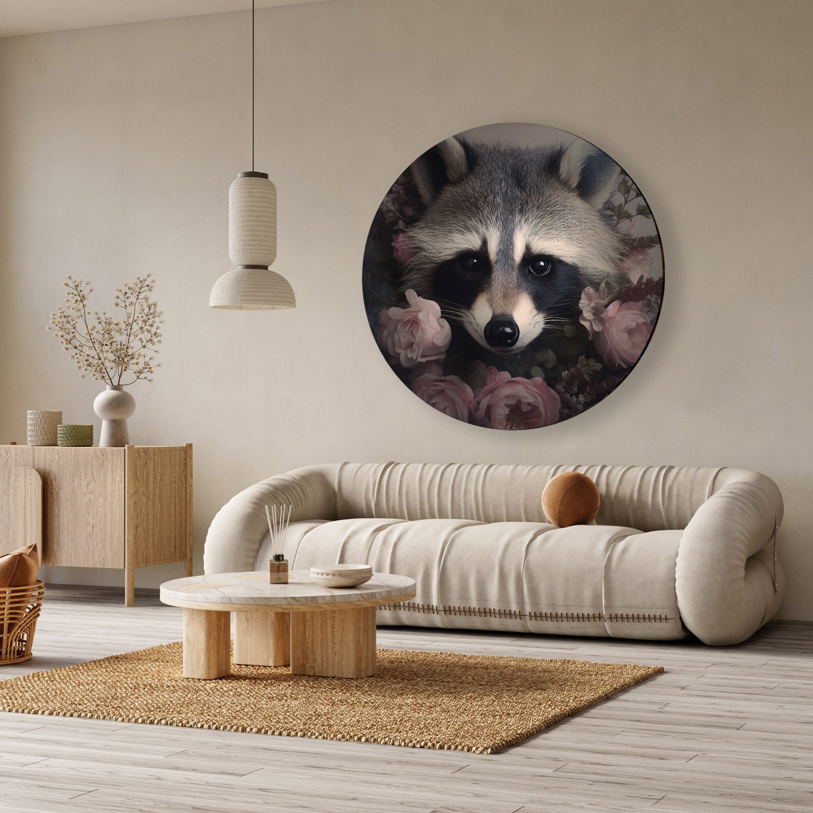 Aluminium muurcirkel Wasbeer boven een beige bank in een lichte woonkamer.
