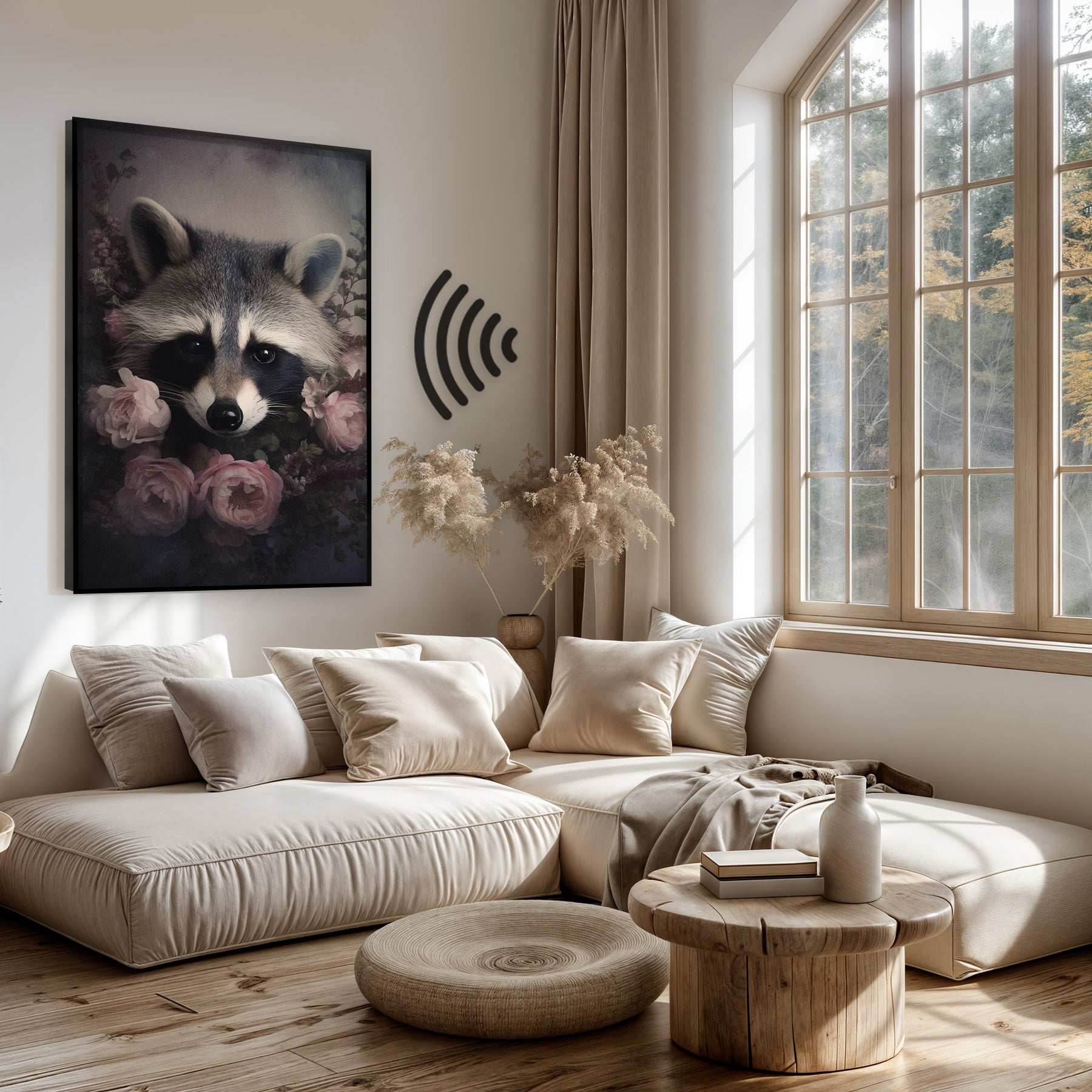 Akoestisch paneel Wasbeer boven een lichte bank in een woonkamer.