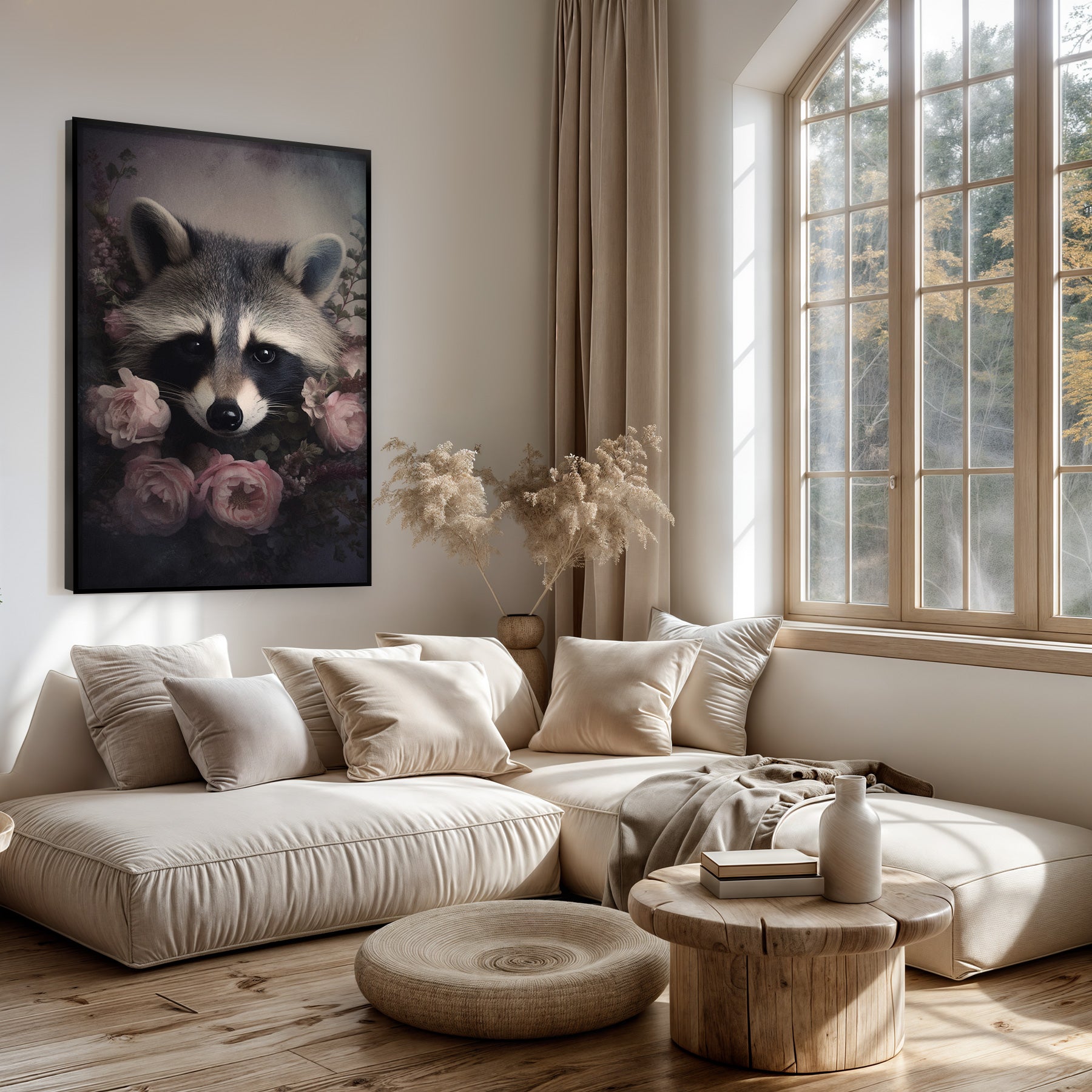 Artframe Wasbeer boven een lichte bank in een woonkamer.