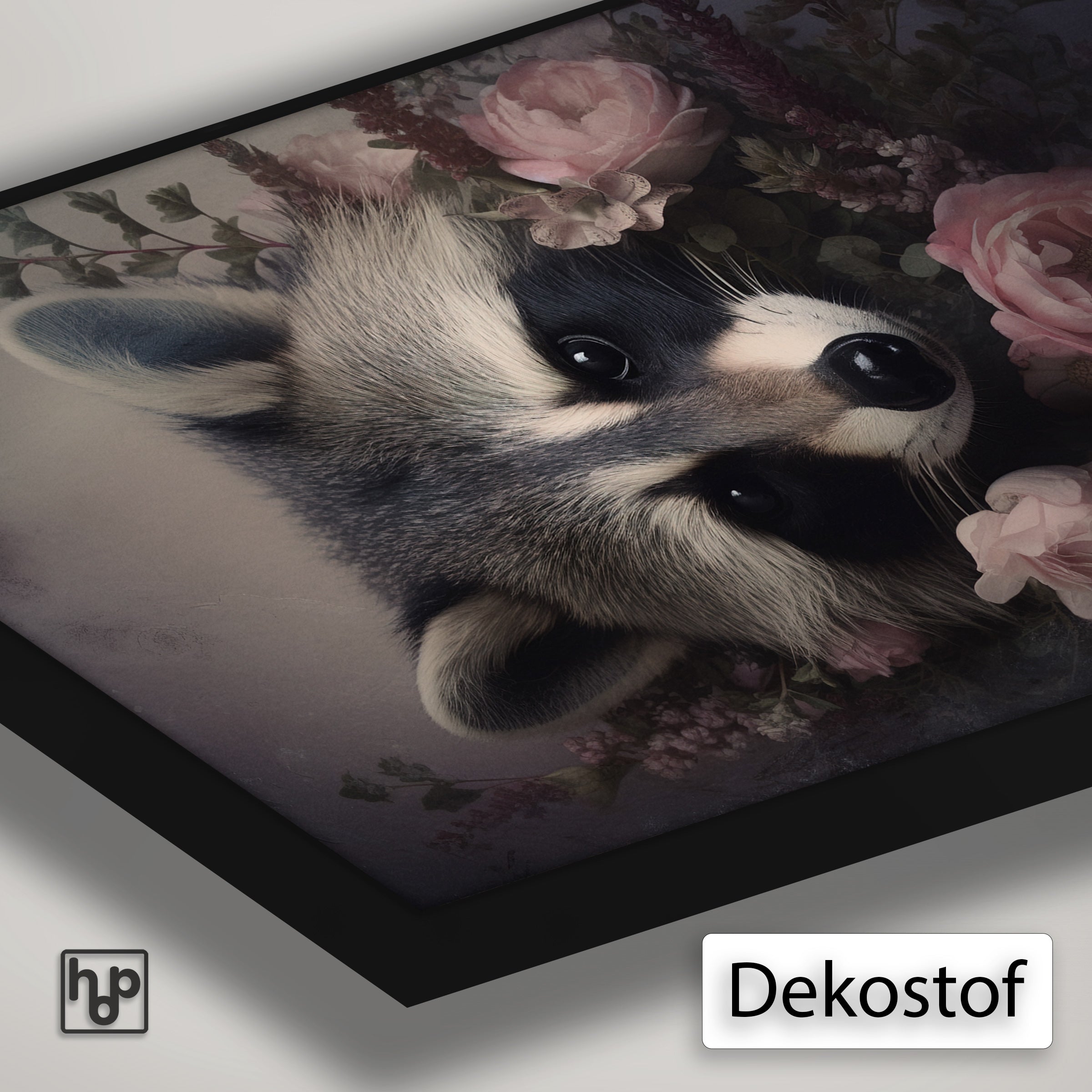 Detail van Artframe Wasbeer met dekostof en een zwart aluminium frame.