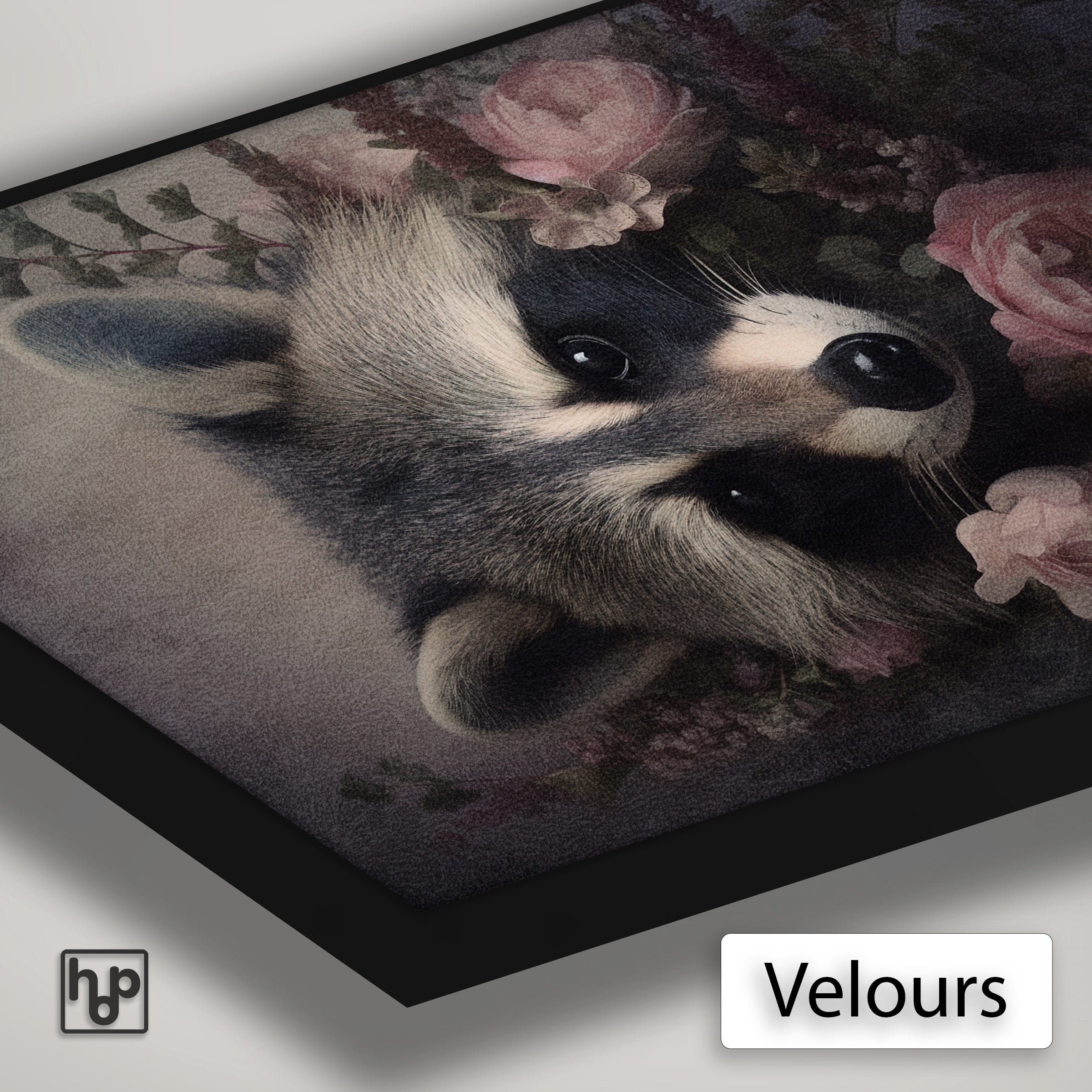 Detail van Artframe Wasbeer met velours doek en een zwart aluminium frame.