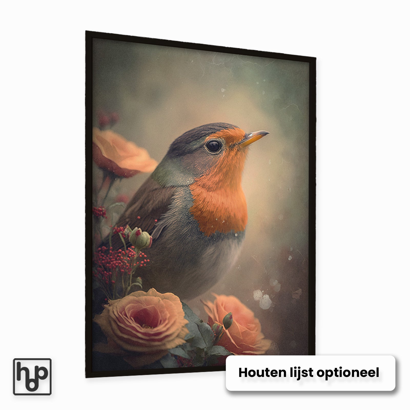 Vintage poster met roodborstje tussen oranje rozen, ingelijst in zwart hout.