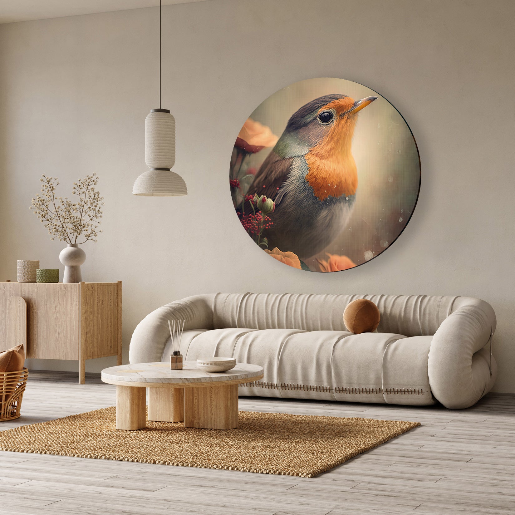 Ronde aluminium muurcirkel met gedetailleerde print van een roodborstje in zachte, aardse tinten boven een beige bank.