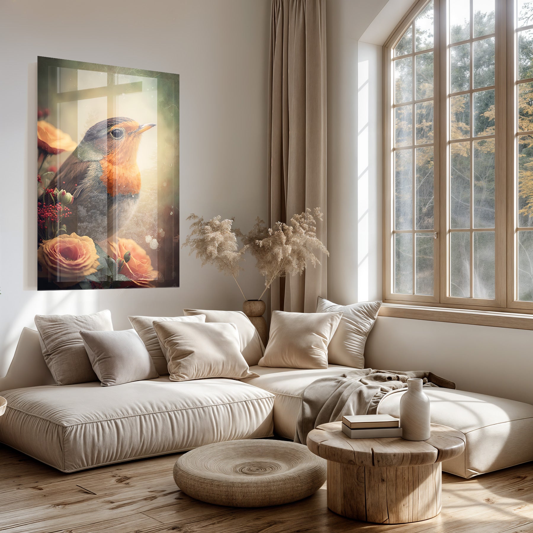 Plexiglas schilderij Roodborstje 2 boven een lichte bank in een woonkamer.
