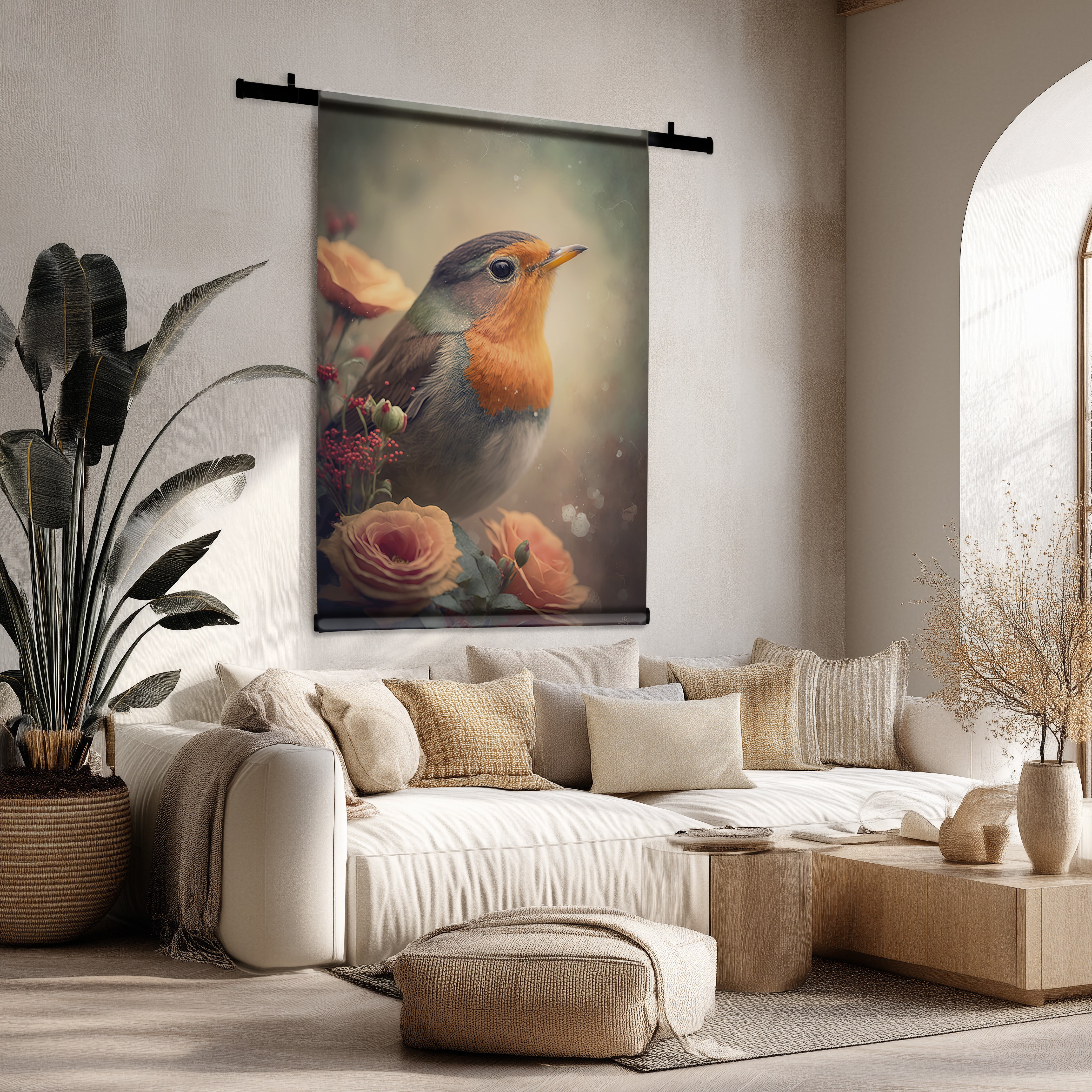 Wandkleed met roodborstje en bloemmotief in natuurlijke kleuren, boven een beige bank in een lichte woonkamer.