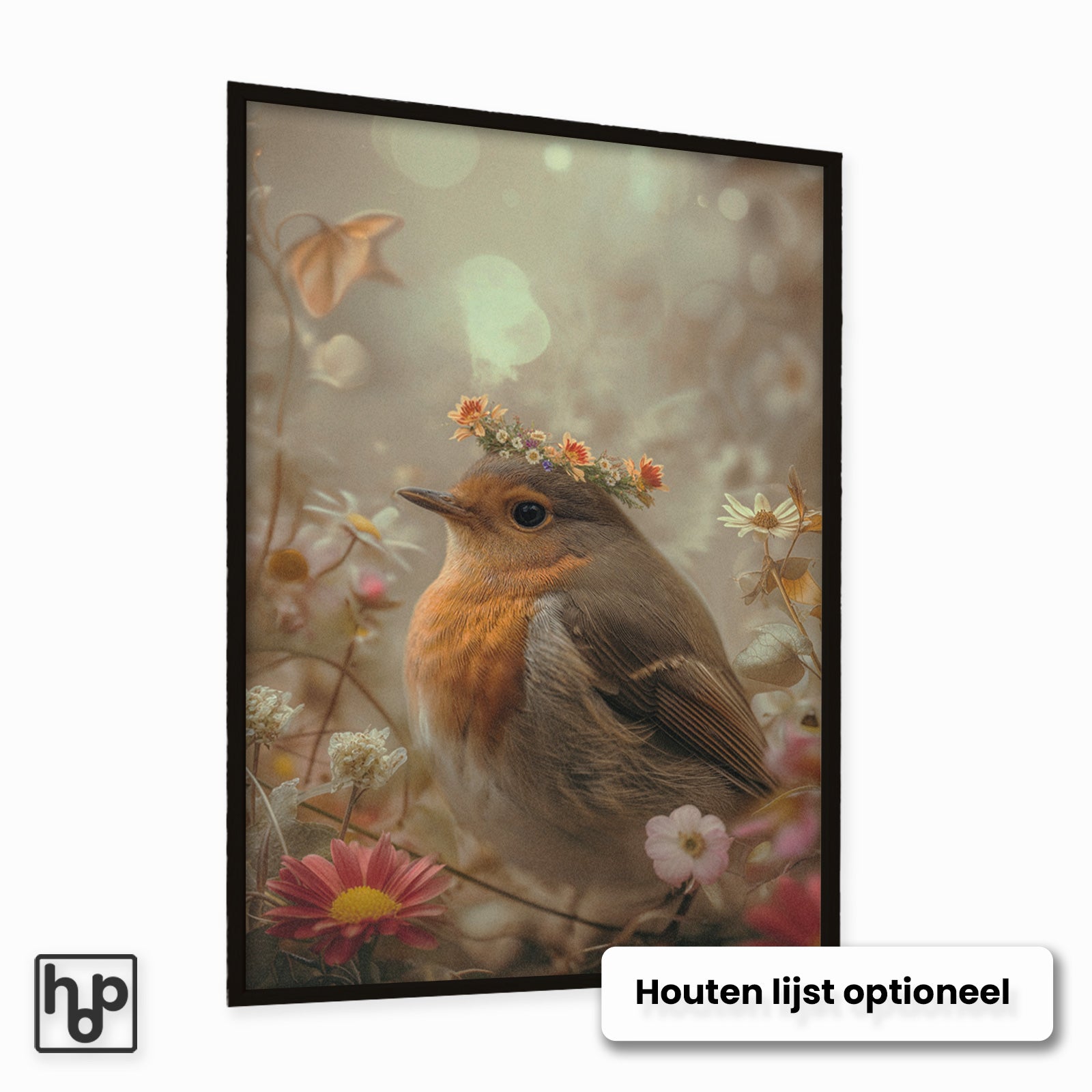 Roodborstje 3: Vintage poster van een roodborstje met bloemenkrans in een zwarte lijst.