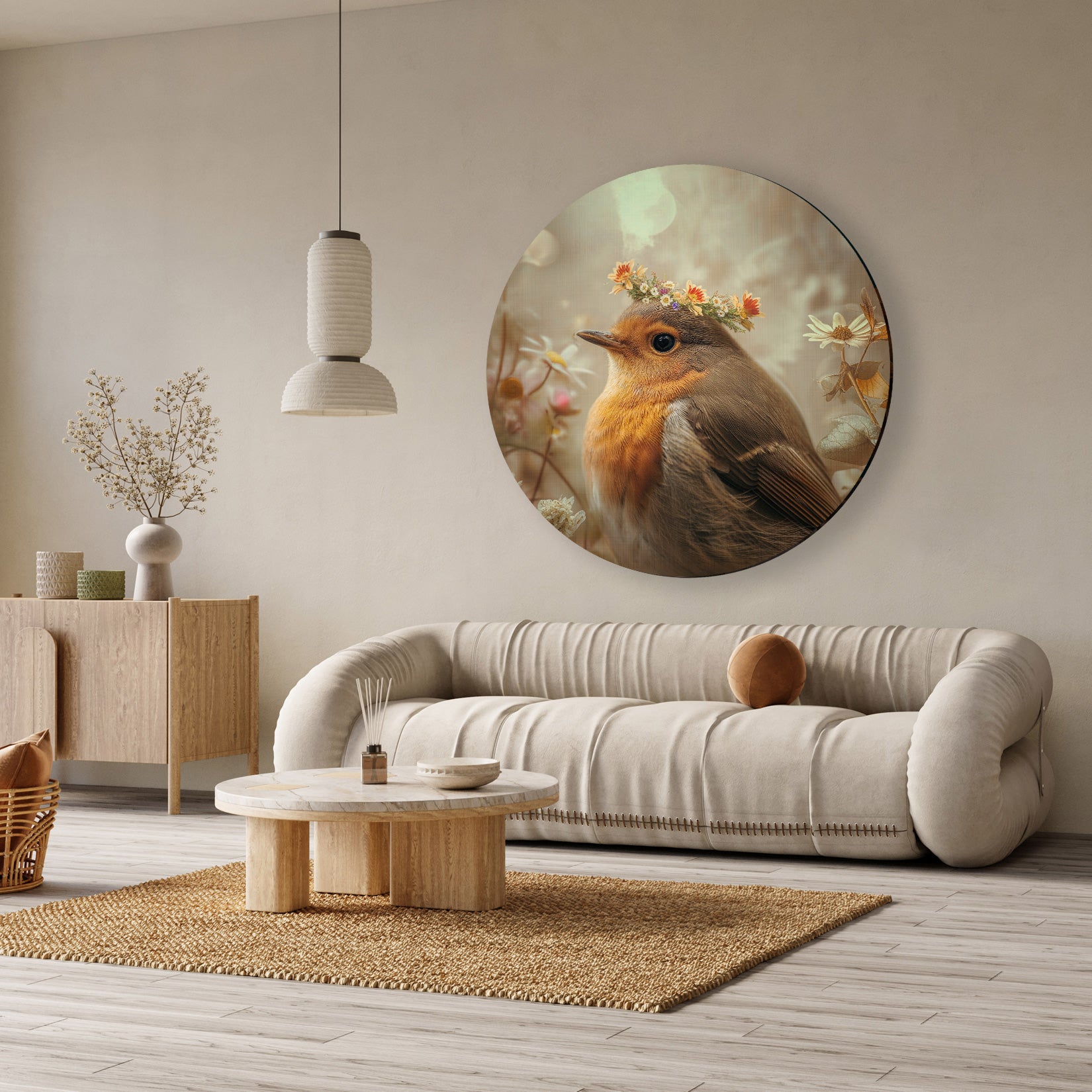 Rond aluminium dibond schilderij van een roodborstje met bloemenkrans in neutrale tinten.