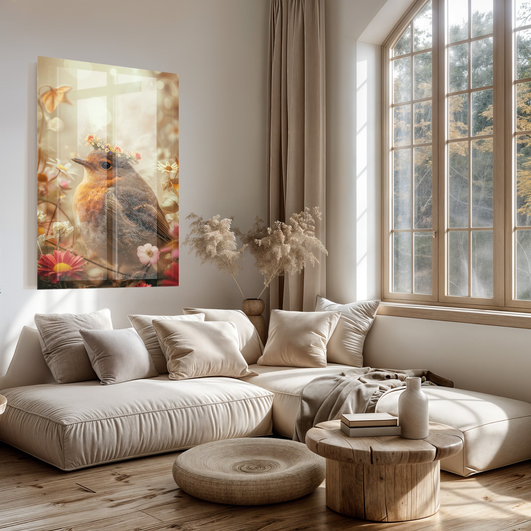 Plexiglas schilderij Roodborstje 3 boven een lichte bank in een woonkamer.