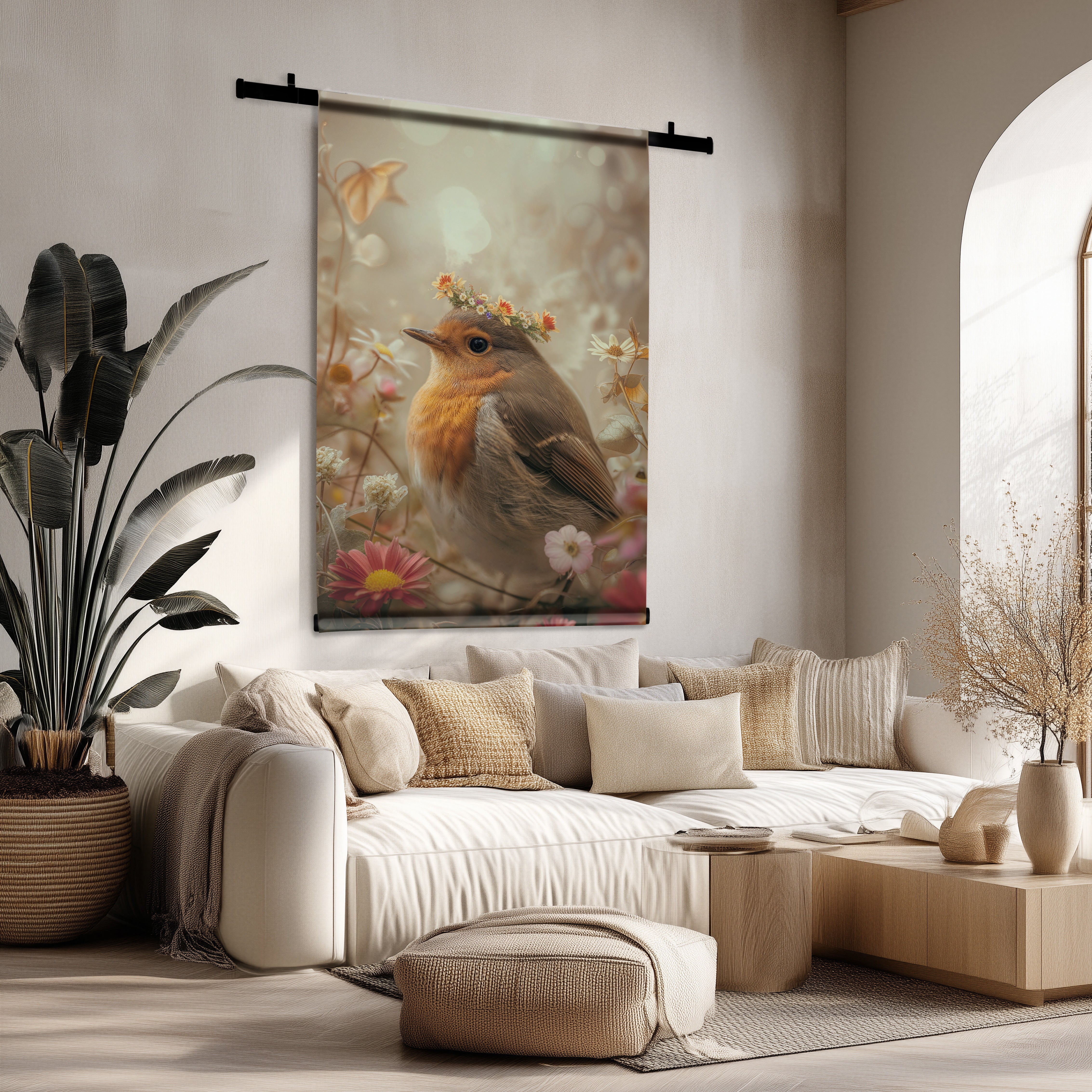 Wandkleed met roodborstje en bloemen, hangend boven een beige bank in een lichte woonkamer.