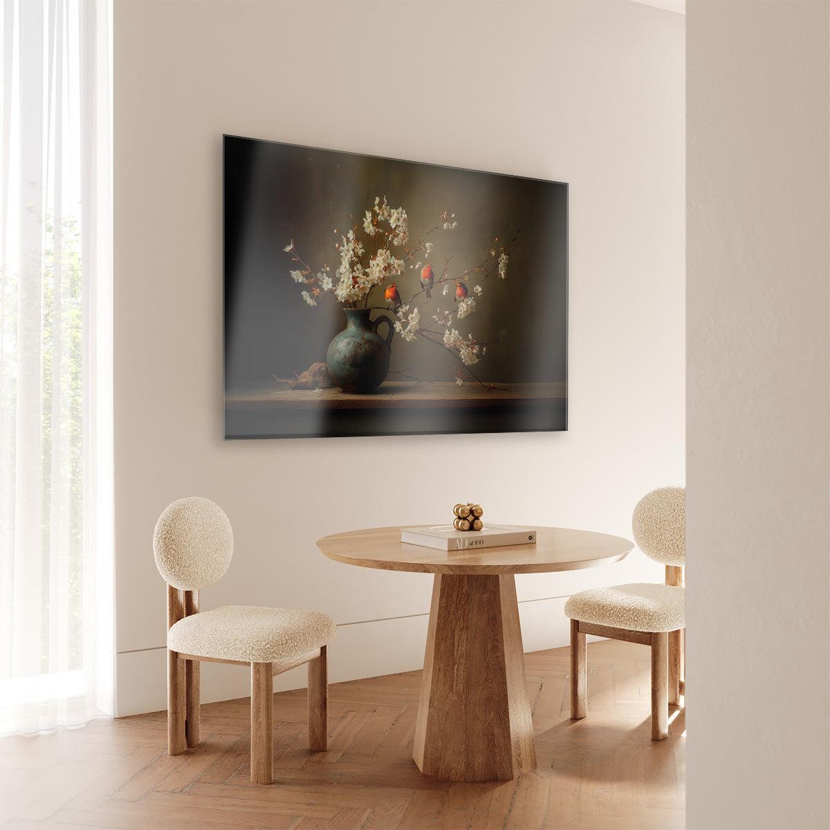 Plexiglas schilderij Roodborstjes aan de muur bij een ronde houten eettafel.