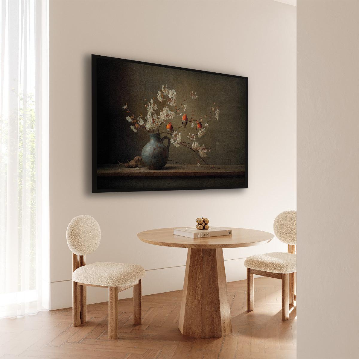 Artframe Roodborstjes aan de muur bij een ronde houten eettafel.