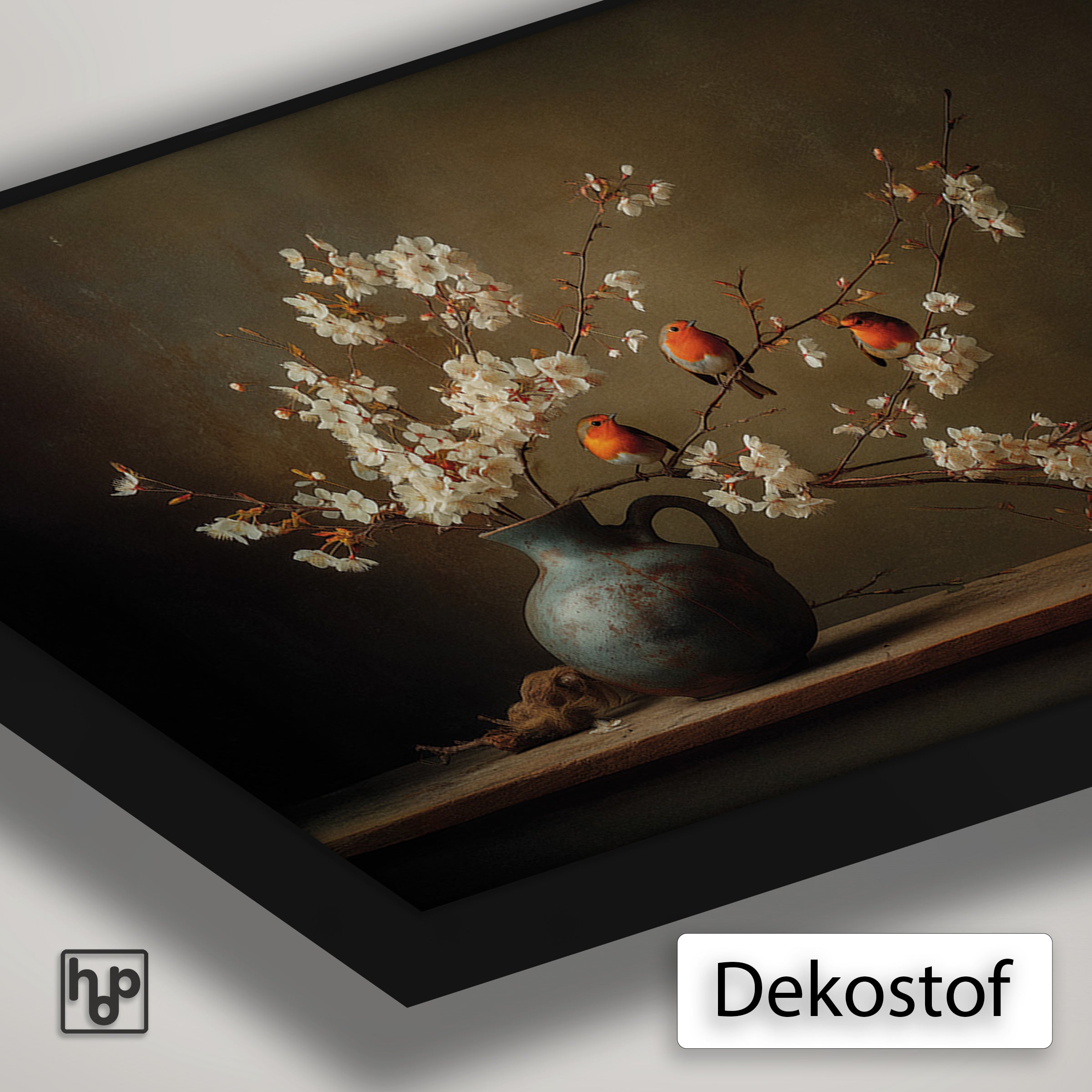 Detail van Artframe Roodborstjes met dekostof en een zwart aluminium frame.