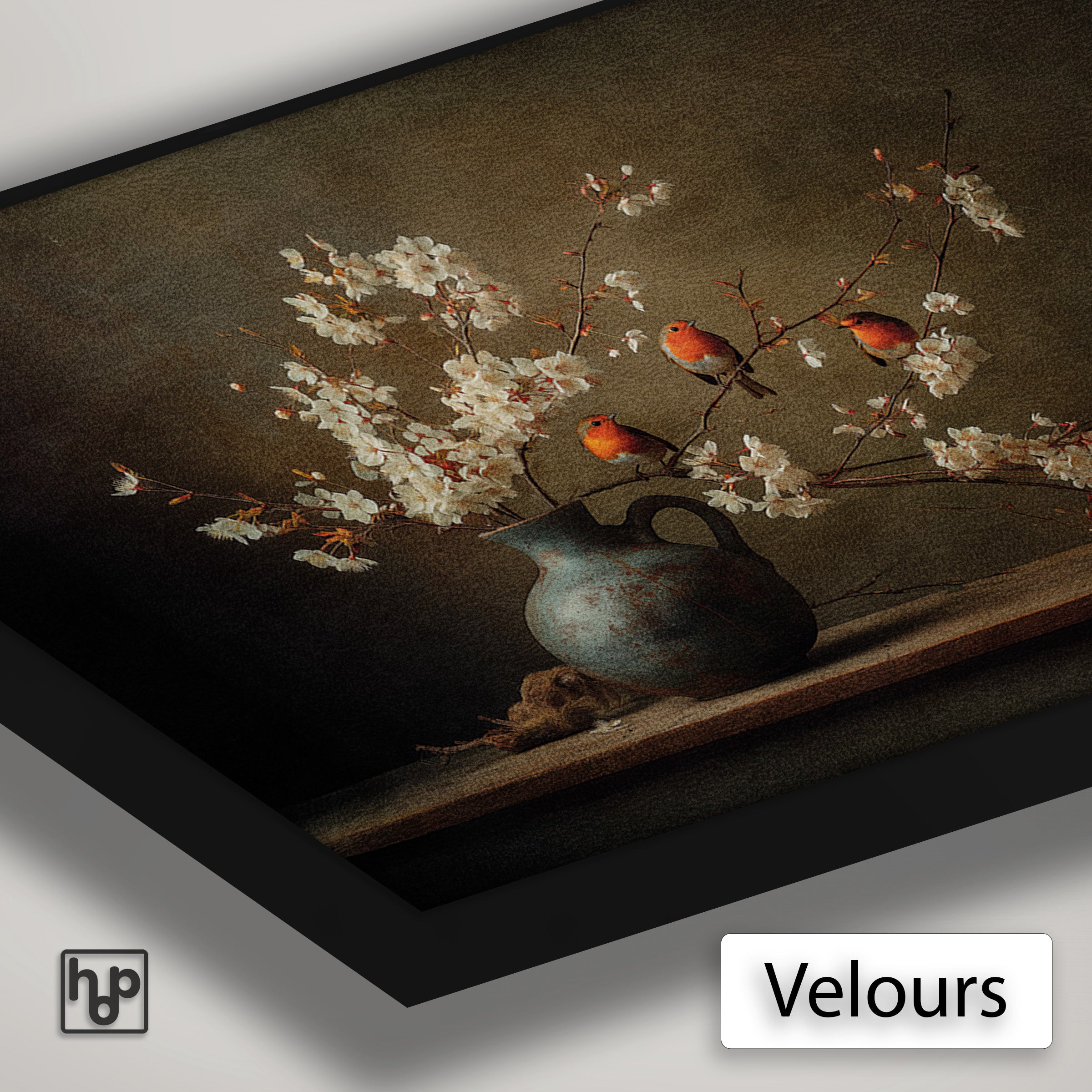 Detail van Artframe Roodborstjes met velours doek en een zwart aluminium frame.