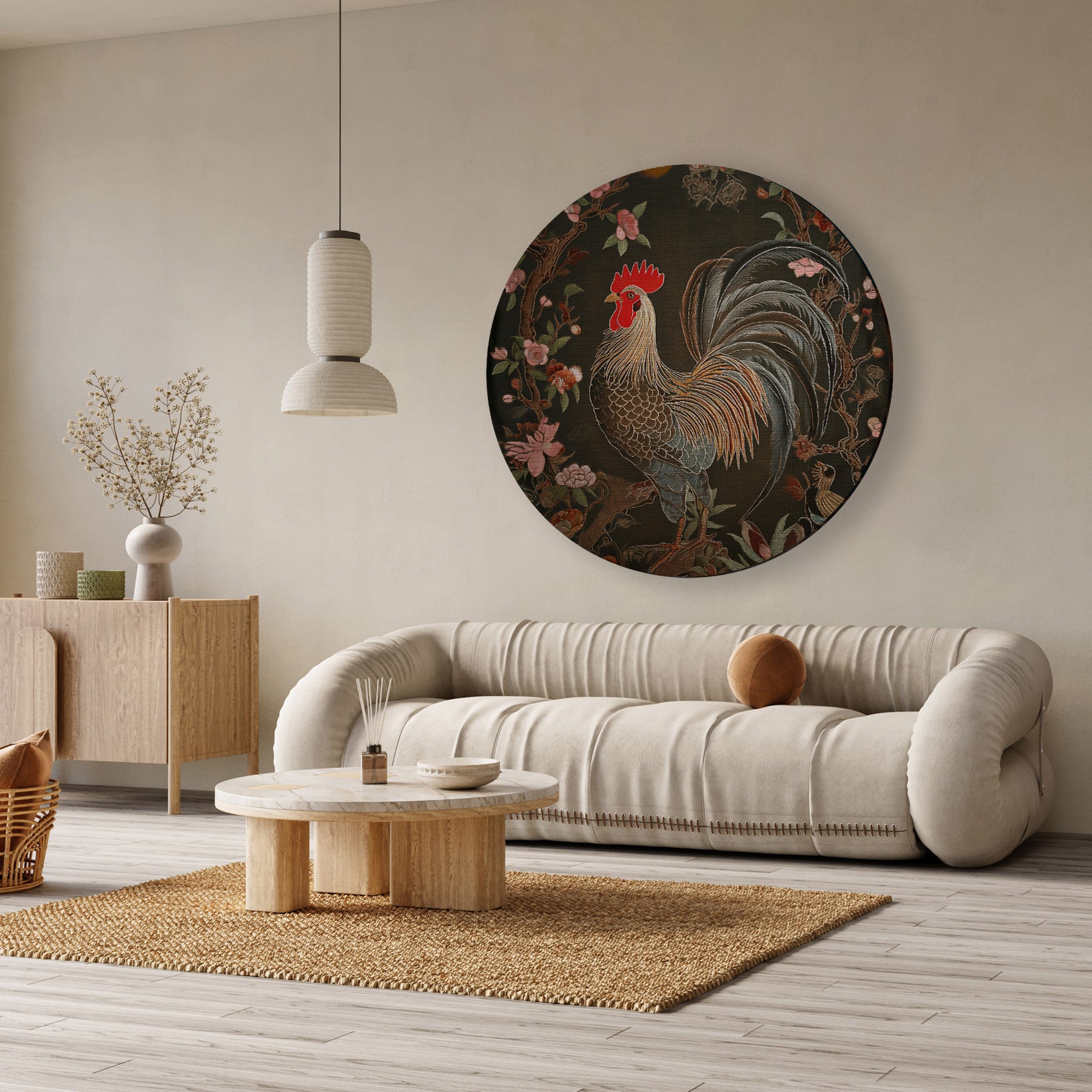 Aluminium muurcirkel Rooster boven een beige bank in een lichte woonkamer.