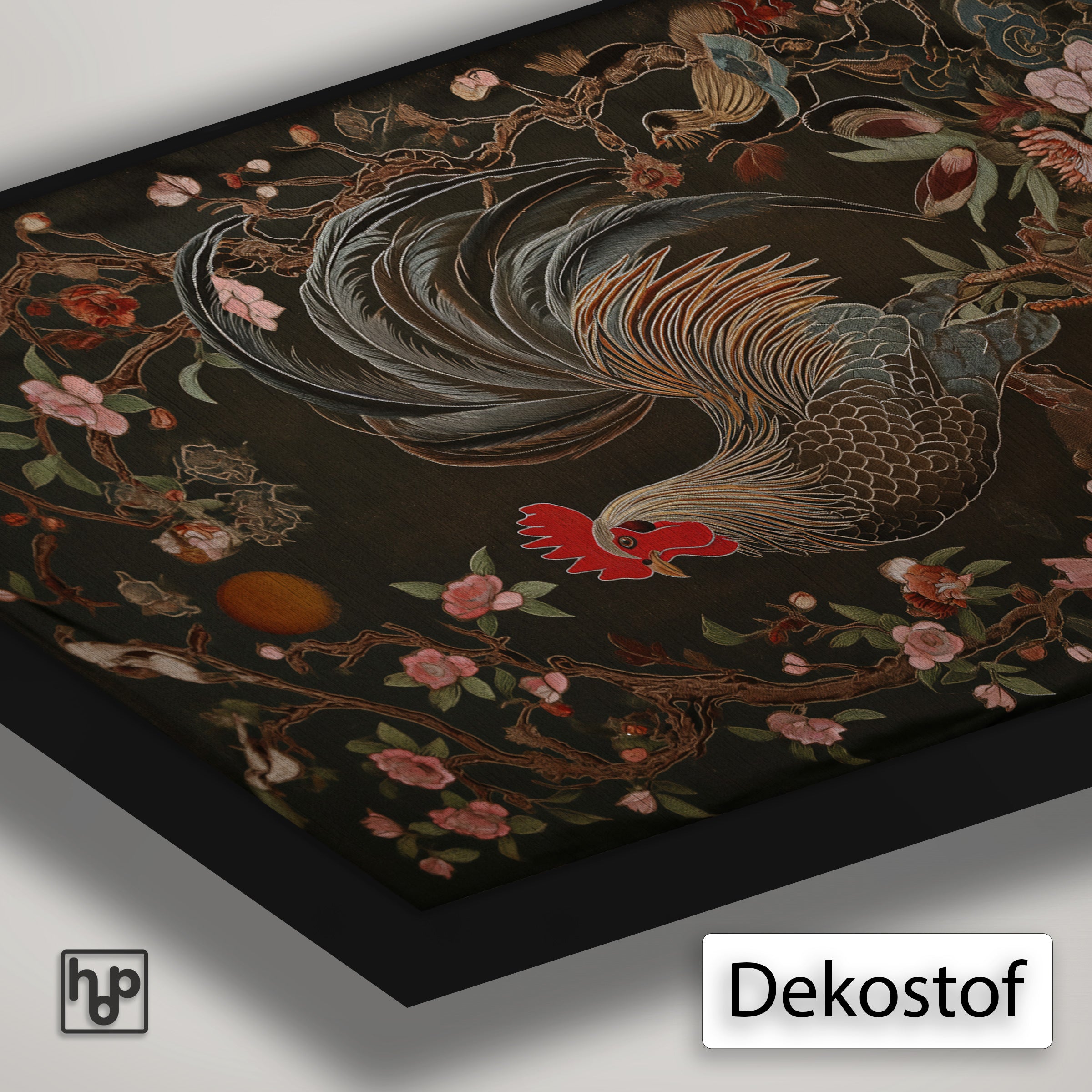 Detail van Artframe Rooster met dekostof en een zwart aluminium frame.