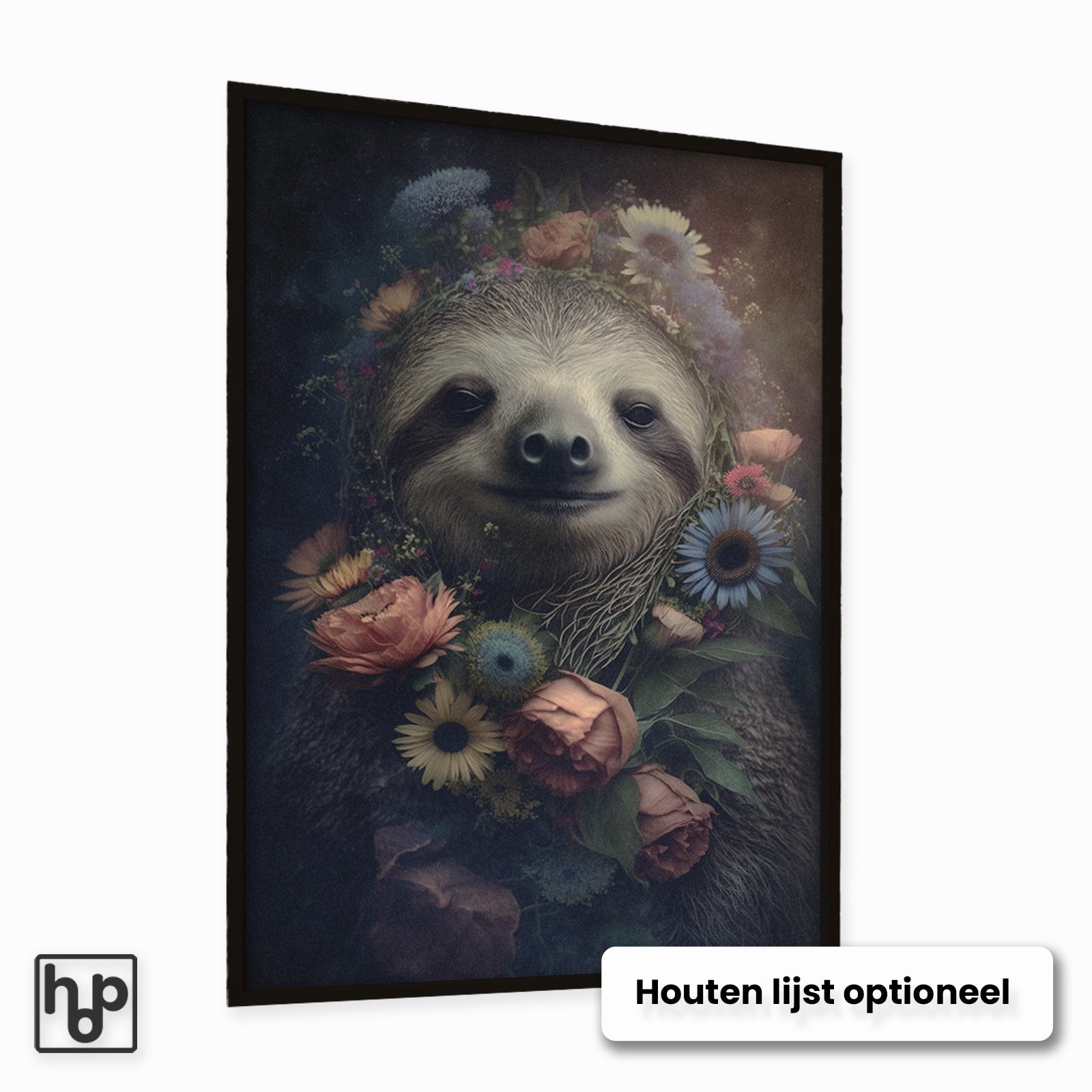 Aluminium Dibond schilderij Sloth met een optionele zwarte houten lijst.
