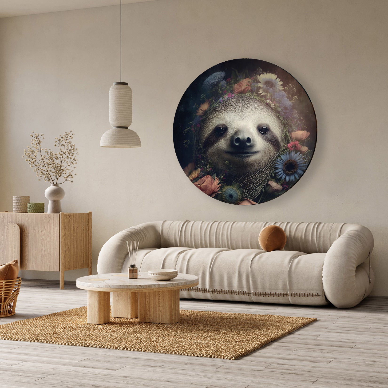 Aluminium muurcirkel Sloth boven een beige bank in een lichte woonkamer.