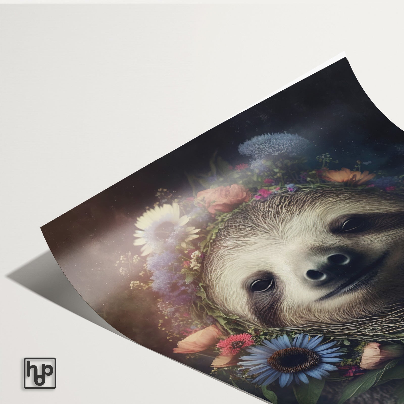 Detail van papieren poster Sloth met een licht omkrullende hoek.