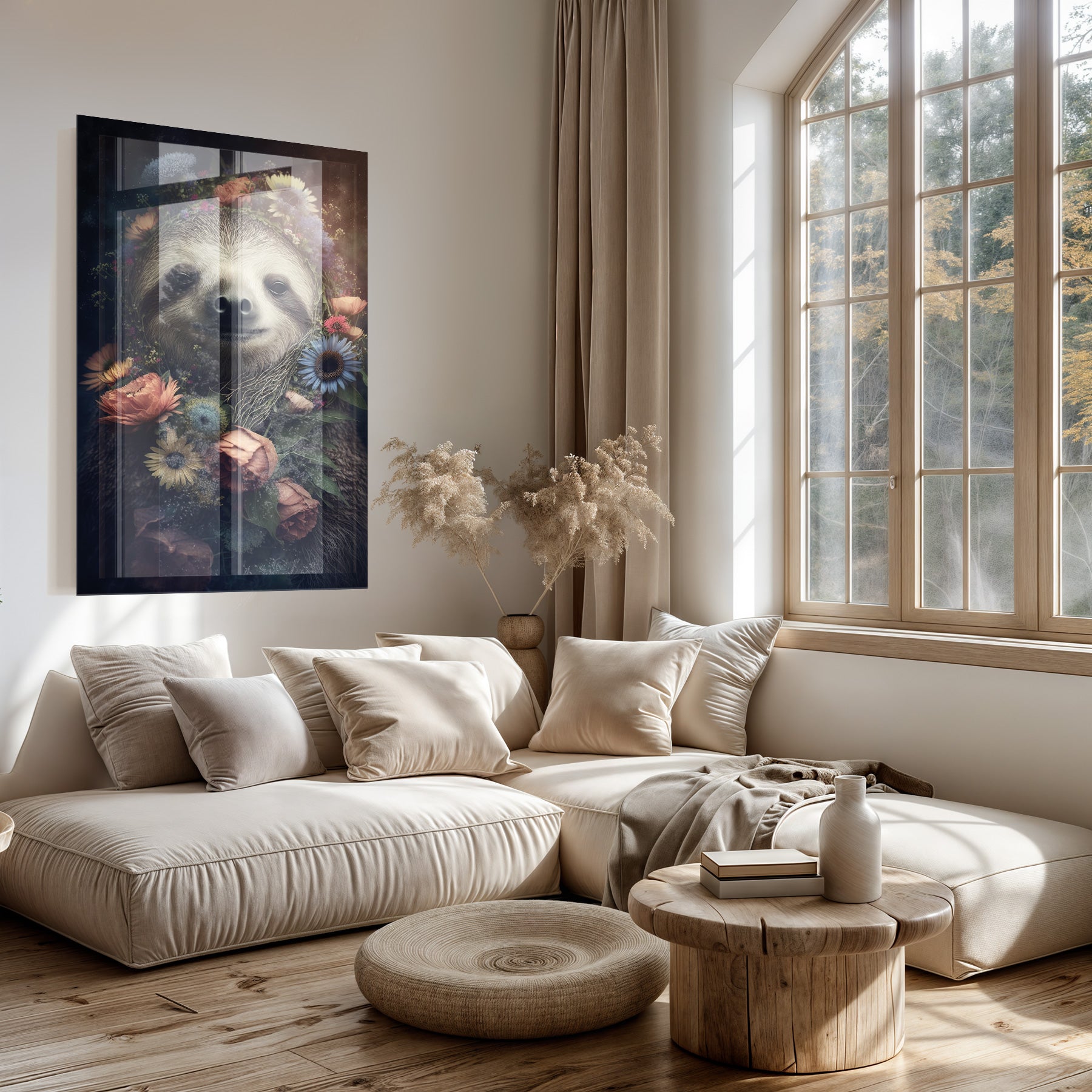 Plexiglas schilderij Sloth boven een lichte bank in een woonkamer.