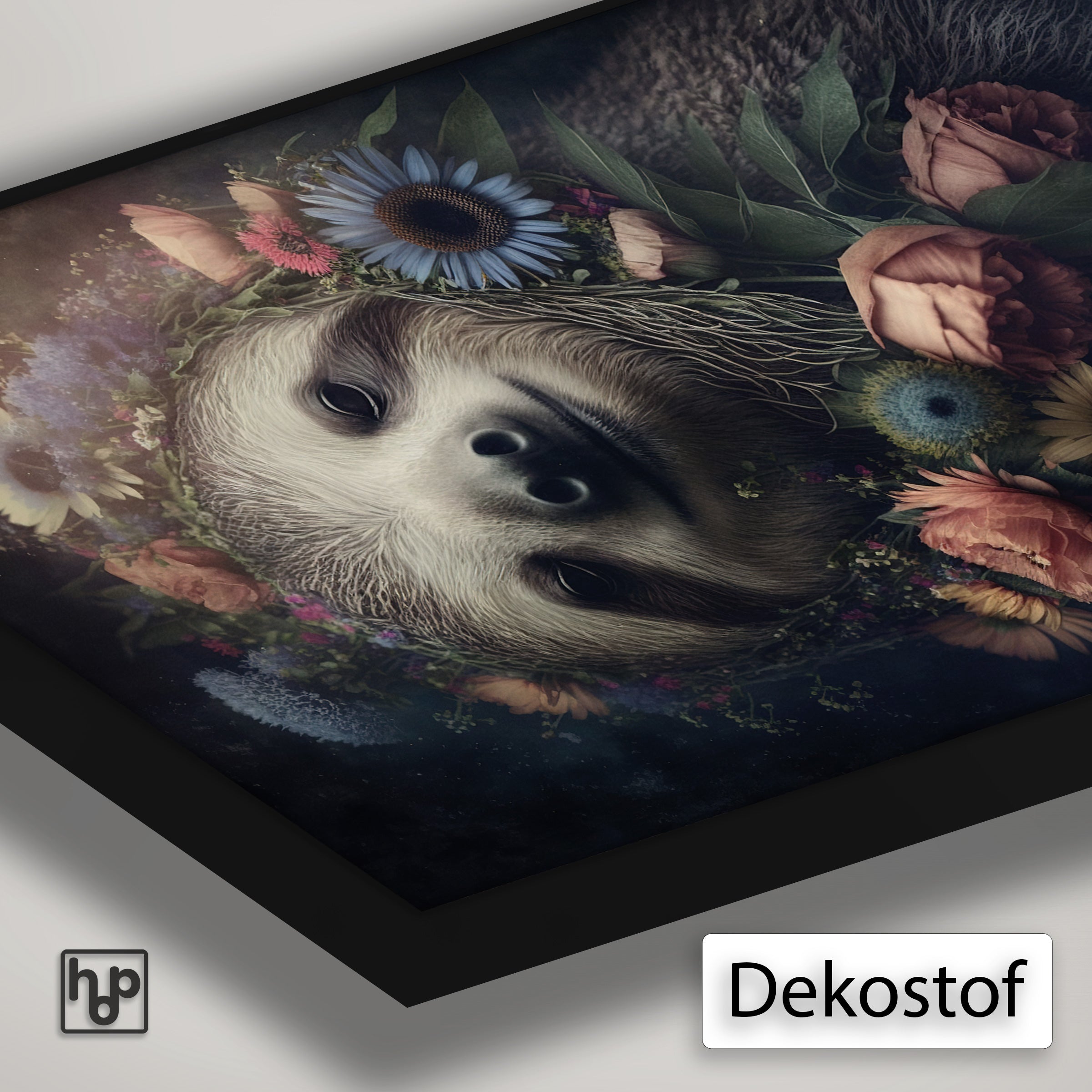 Detail van Artframe Sloth met dekostof en een zwart aluminium frame.