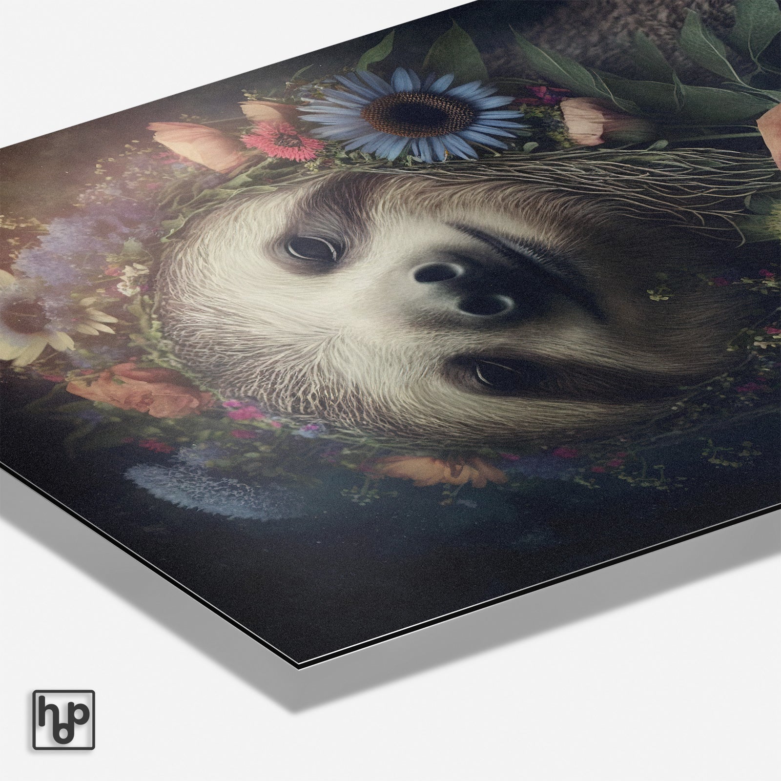 Detail van aluminium Dibond schilderij Sloth met matte afwerking en zichtbare paneelrand.