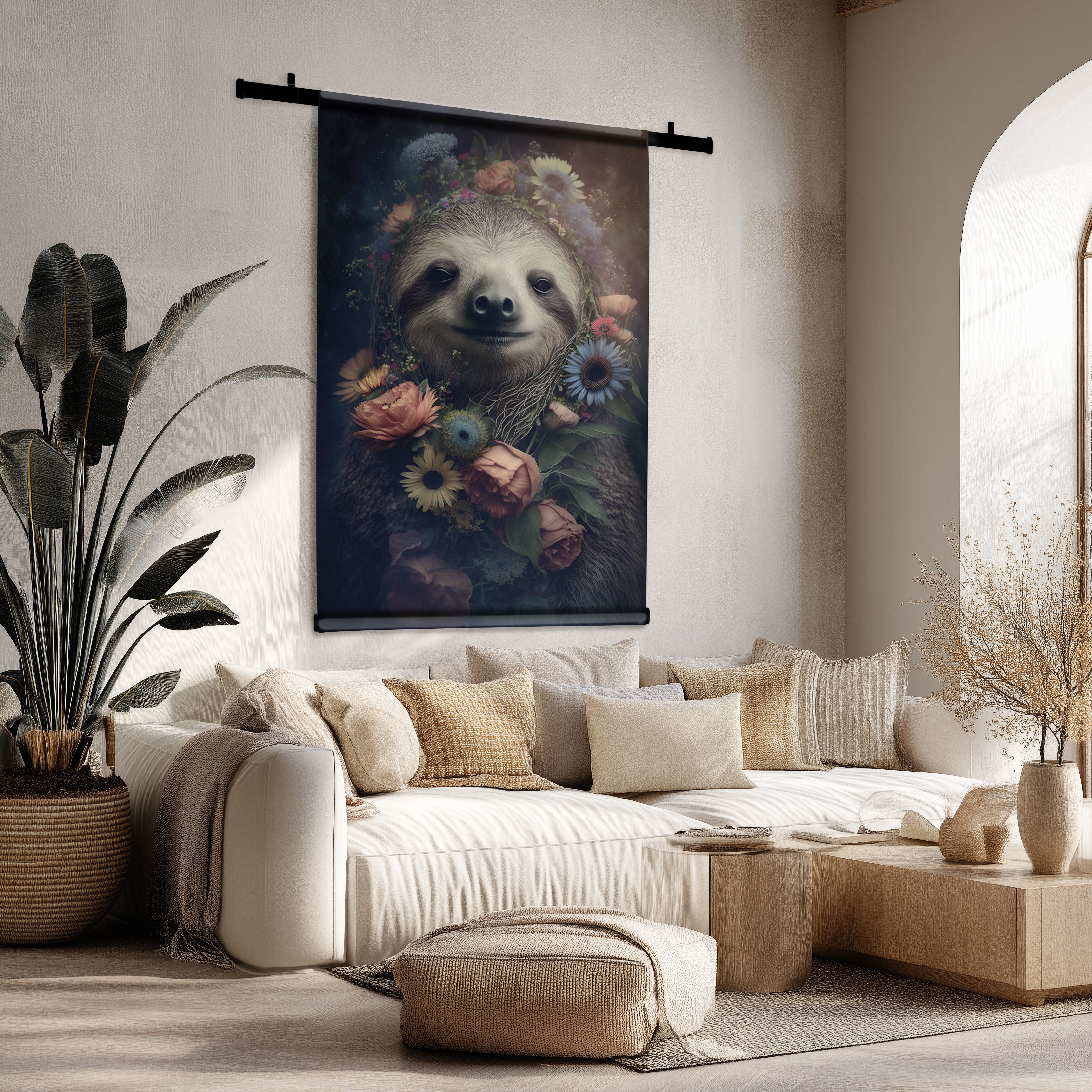 Velours wandkleed met serene luiaard en bloemenkrans, hangend boven een lichte bank in een moderne woonkamer.