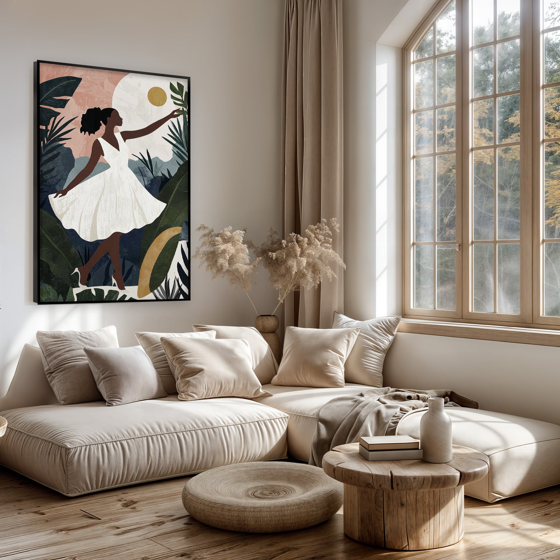 Artframe Sophia boven een lichte bank in een woonkamer.