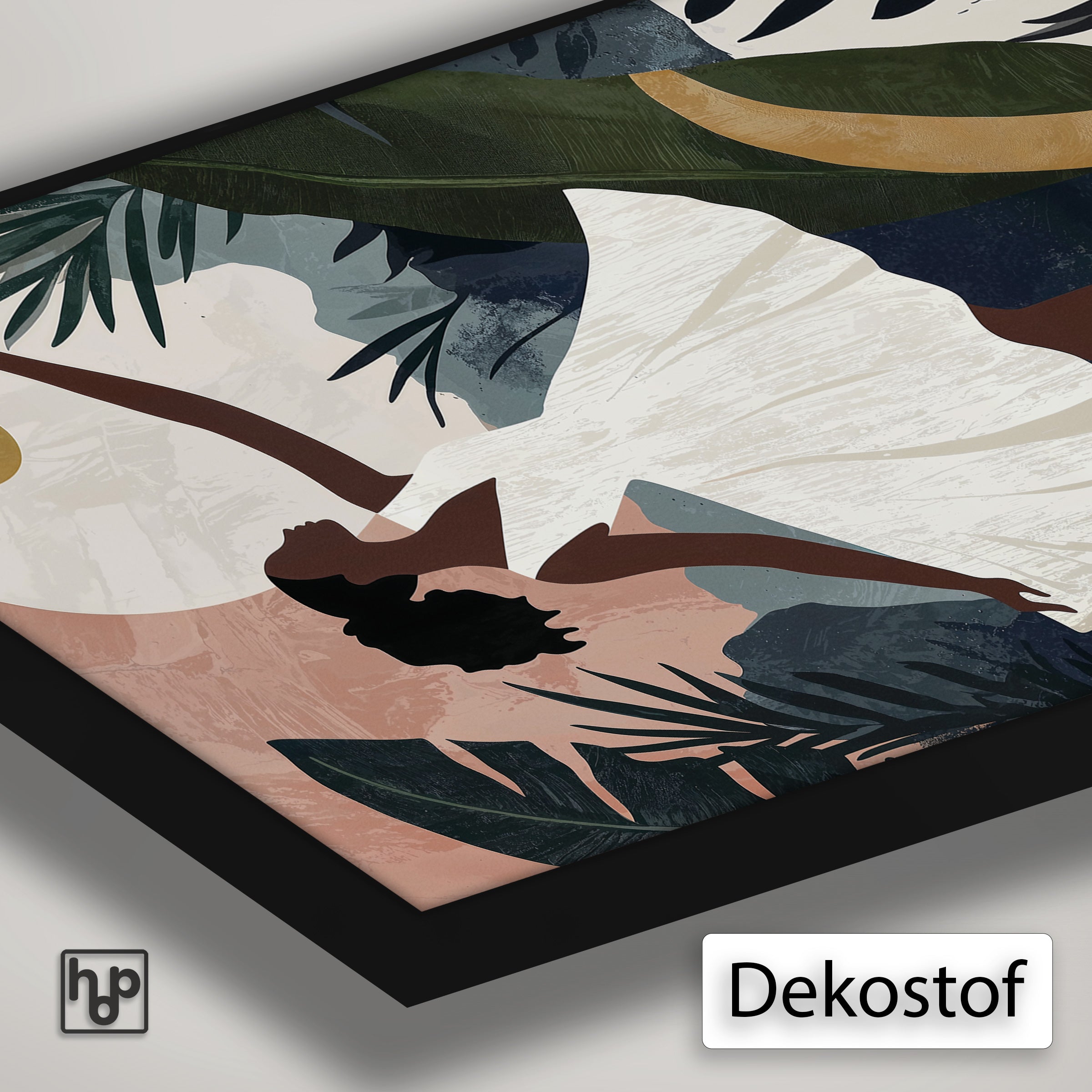 Detail van Artframe Sophia met dekostof en een zwart aluminium frame.