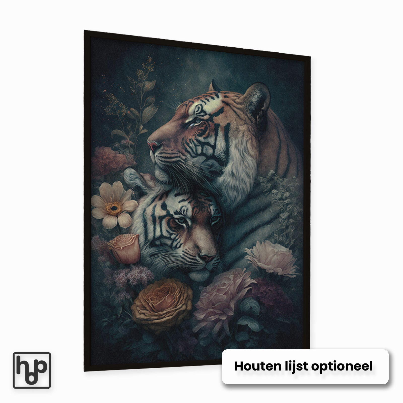 Wanddecoratie van twee majestueuze tijgers omringd door botanische bloemen in een donker, vintage jungle thema.