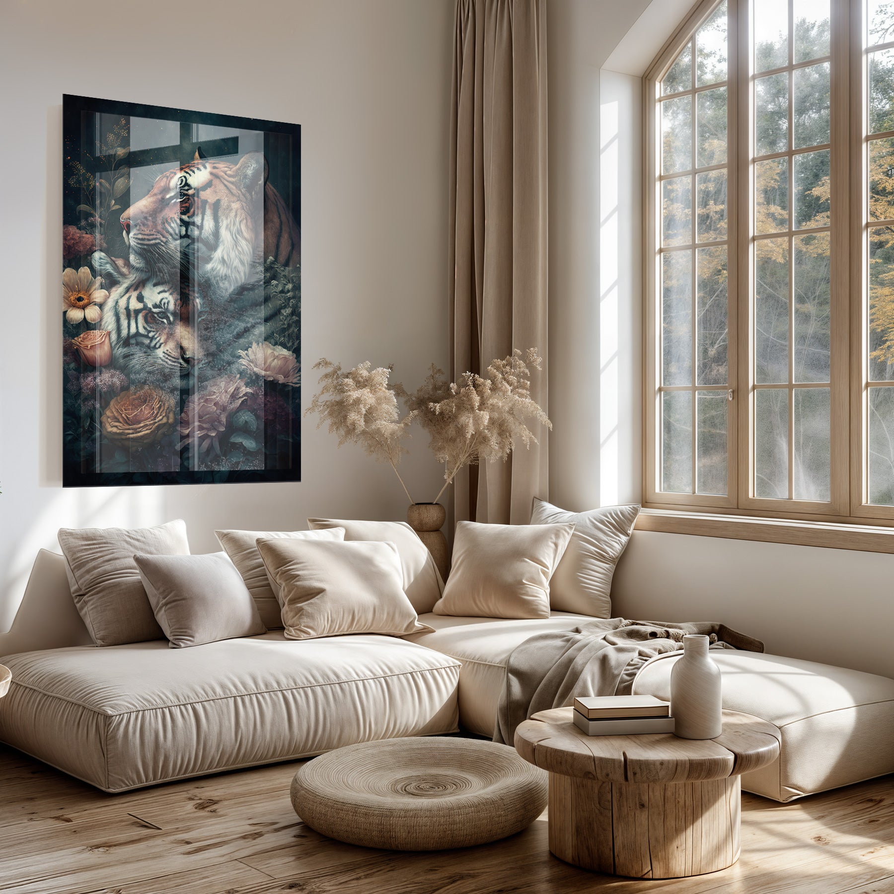 Plexiglas schilderij Tijger Couple boven een lichte bank in een woonkamer.
