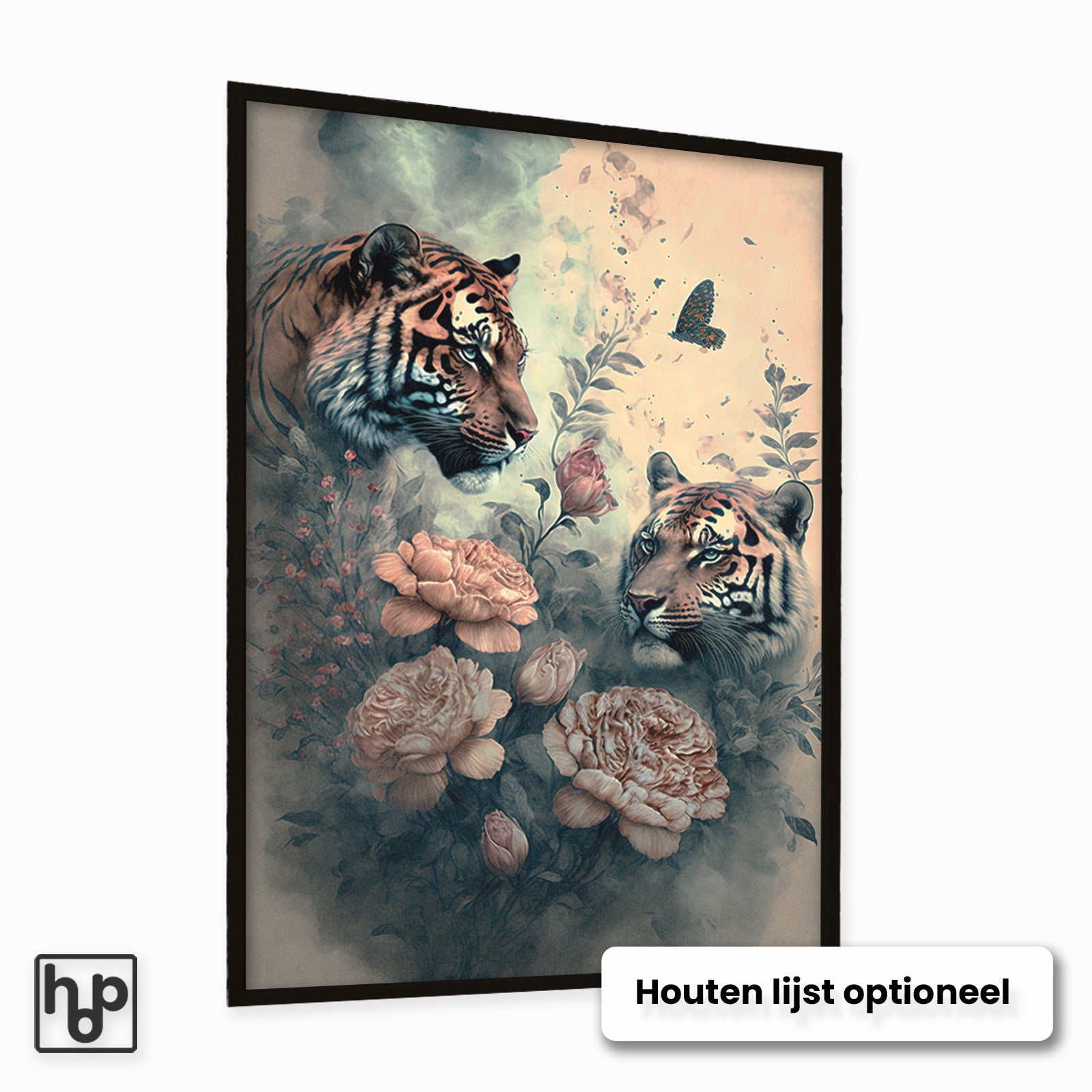 Vintage poster met twee tijgers en roze bloemen in botanische setting, optioneel met houten lijst.