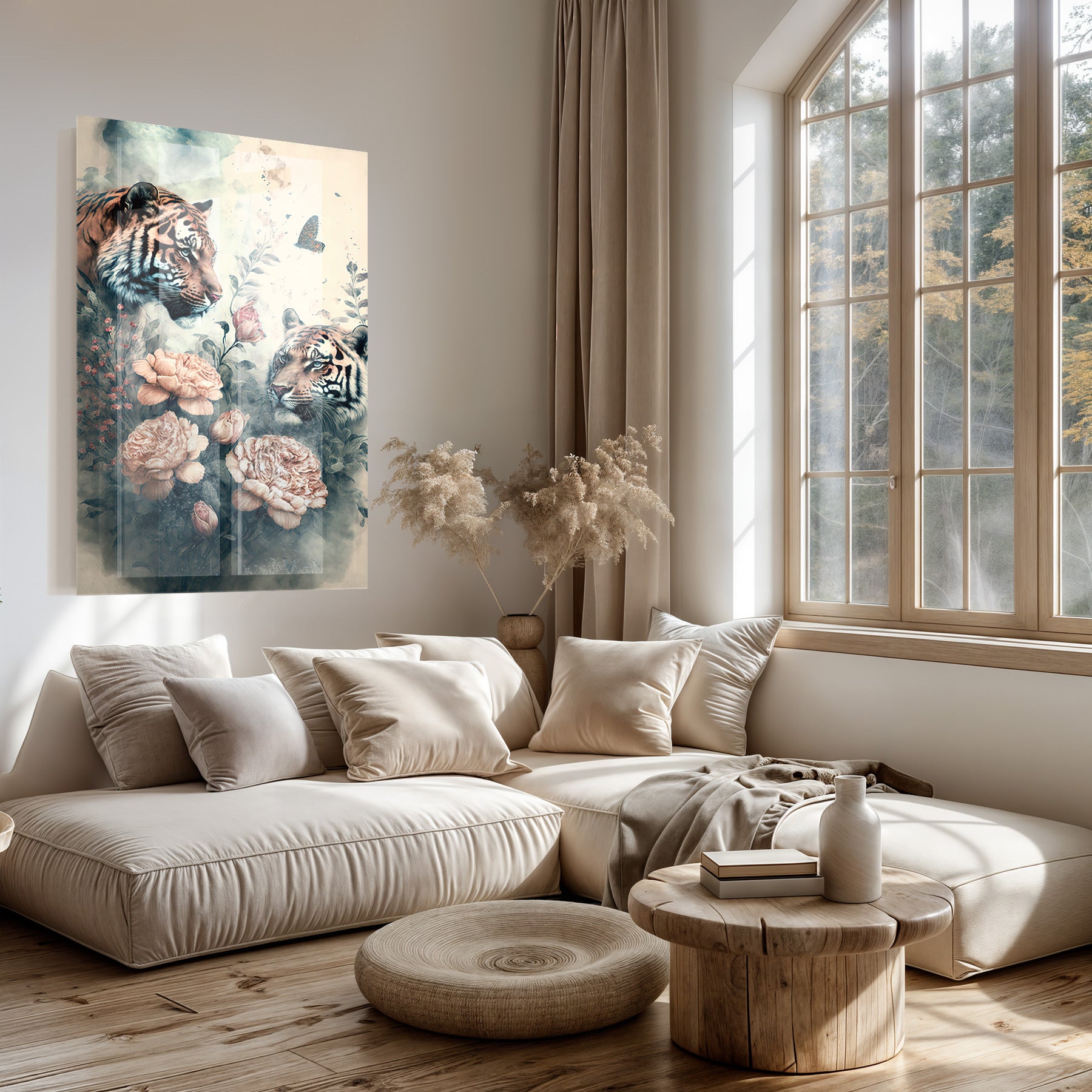 Plexiglas schilderij Tijgers boven een lichte bank in een woonkamer.