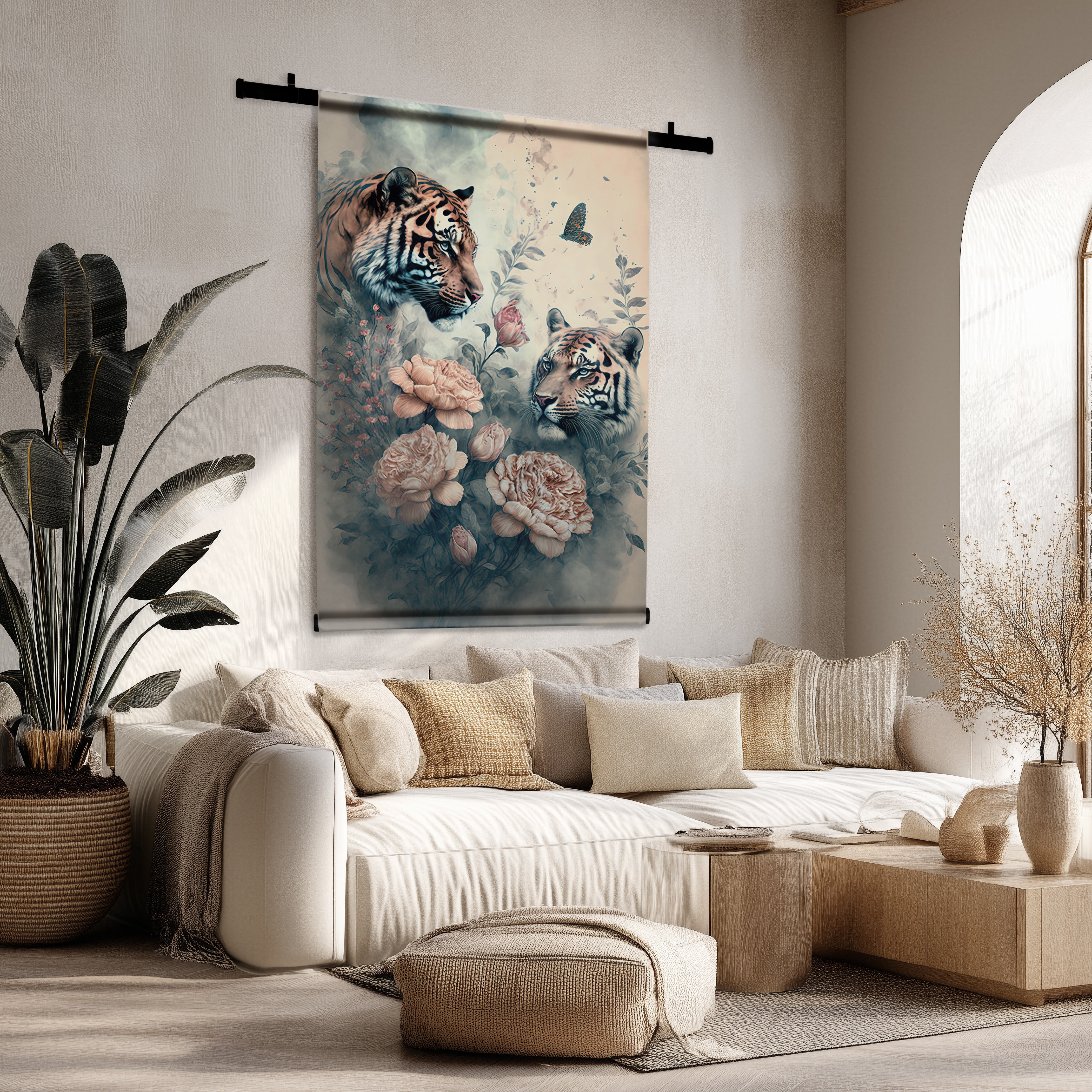 Tijgers wandkleed van velours met levendige tijgerprint en bloemen in een moderne woonkamer.