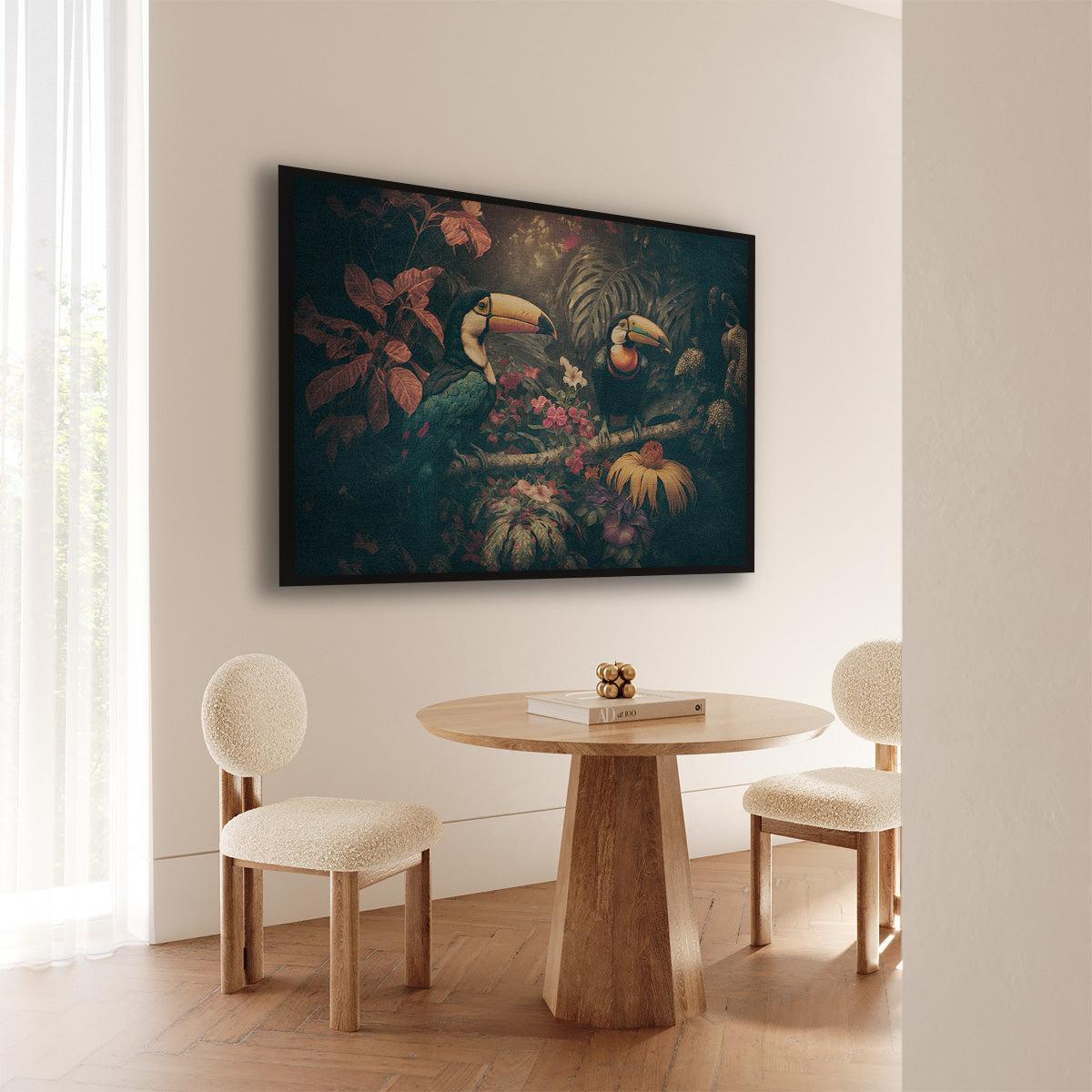 Artframe Toekans 2 aan de muur bij een ronde houten eettafel.