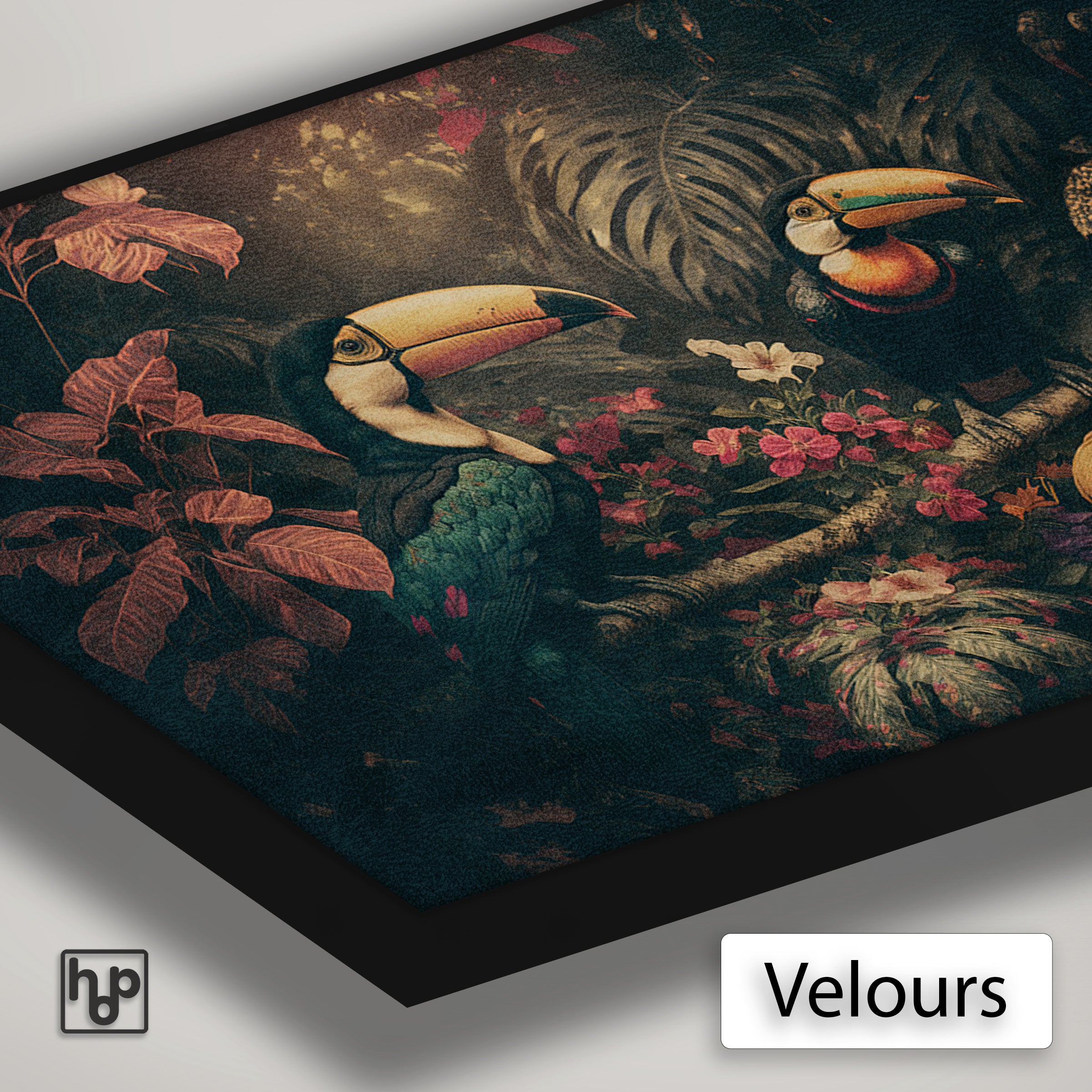 Detail van Artframe Toekans 2 met velours doek en een zwart aluminium frame.